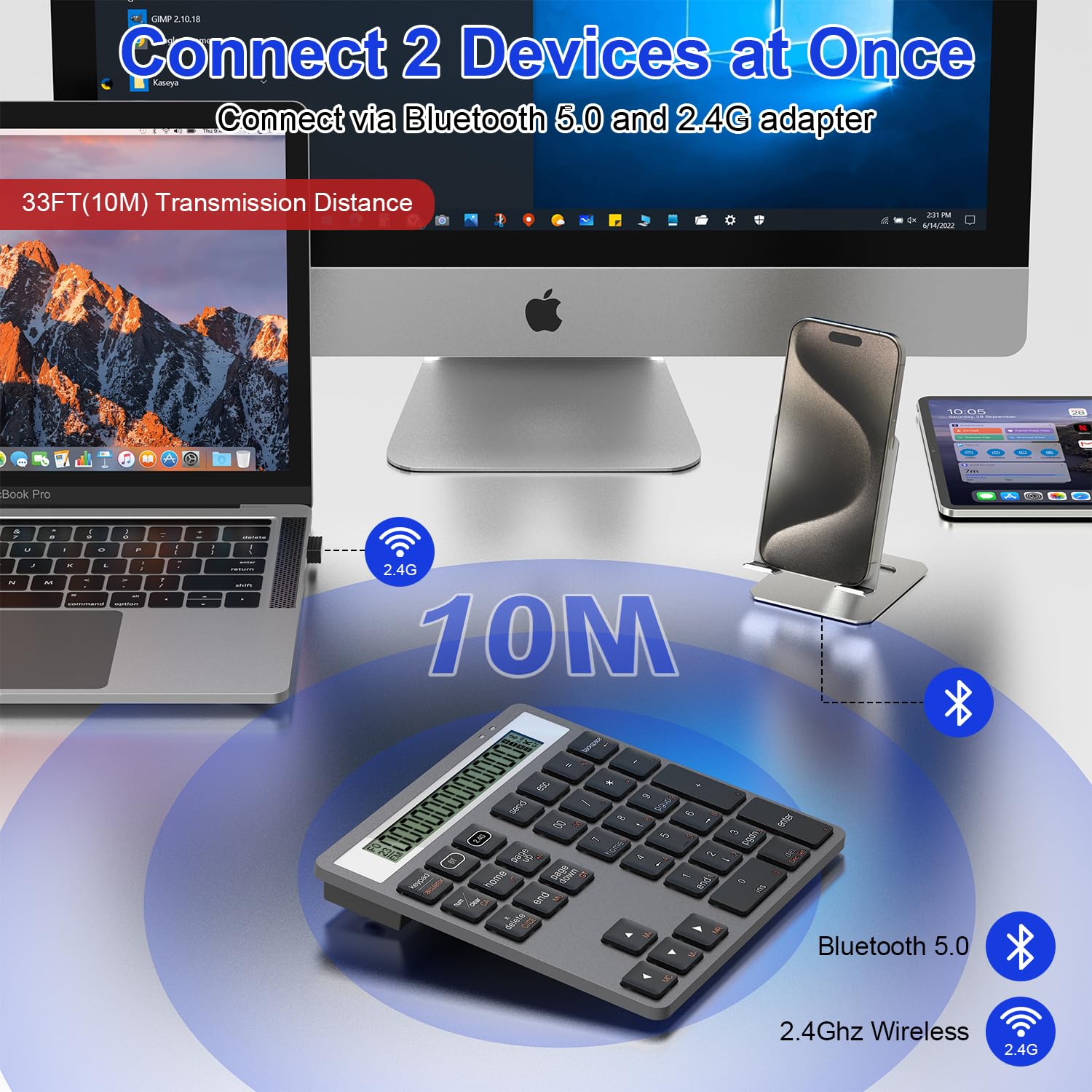 2 en 1 Pavé Numérique Bluetooth avec Calculatrice – Clavier Numérique sans Fil Bluetooth & 2,4GHz pour Ordinateur Portable/PC 34 Touches Pave Numerique pour Mac/iPad/Windows/iOS/Android/Linux