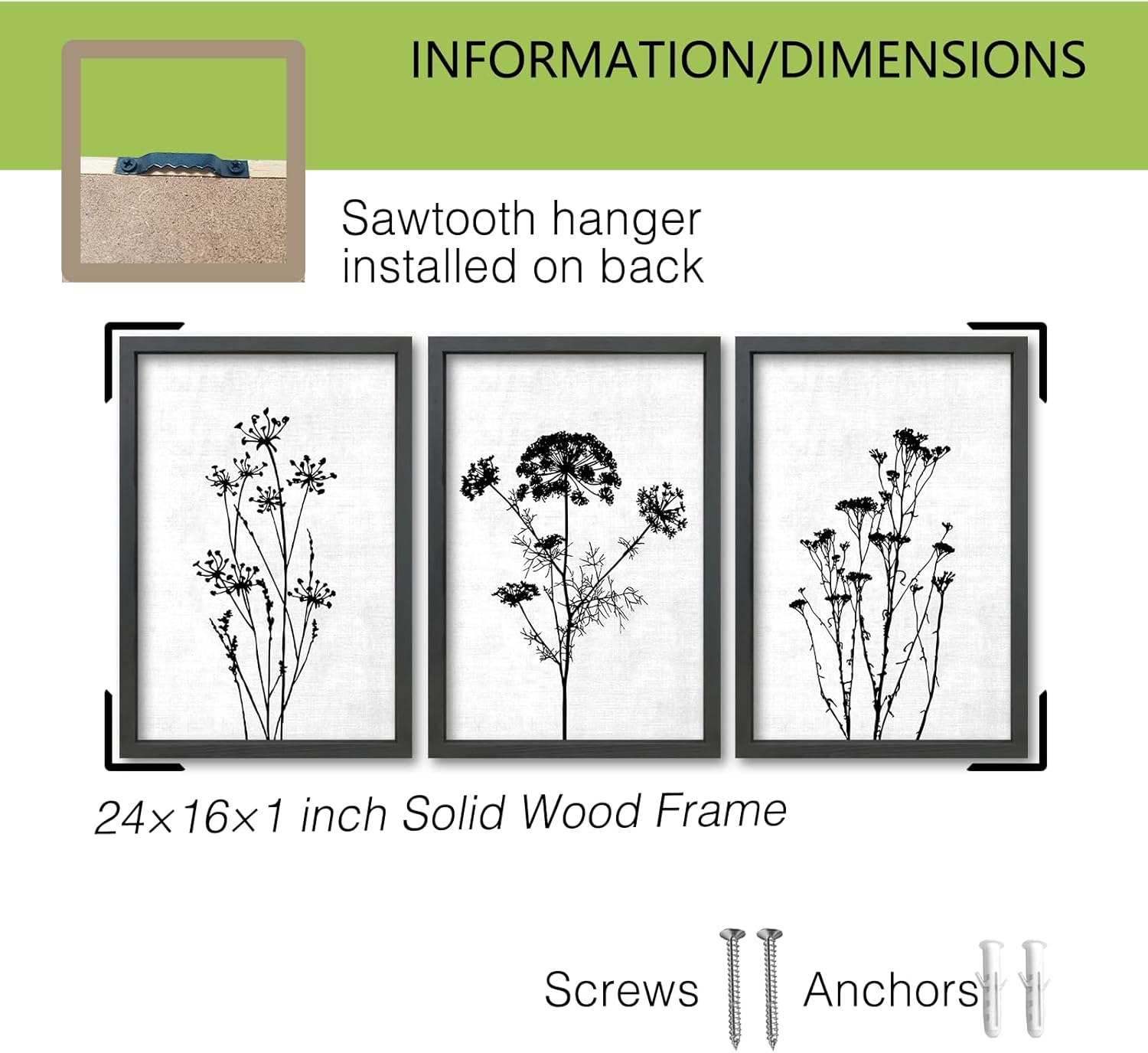 TQianJiang Flower Plant Wall Decor 24"x16" Black And White Botanical Painting Wood Framed Set of 3 Bedroom Office Abstract Wildflower Sign Hanging Art (Black) 24"L x 16"W Flower Plant Wall Decor ?Black)