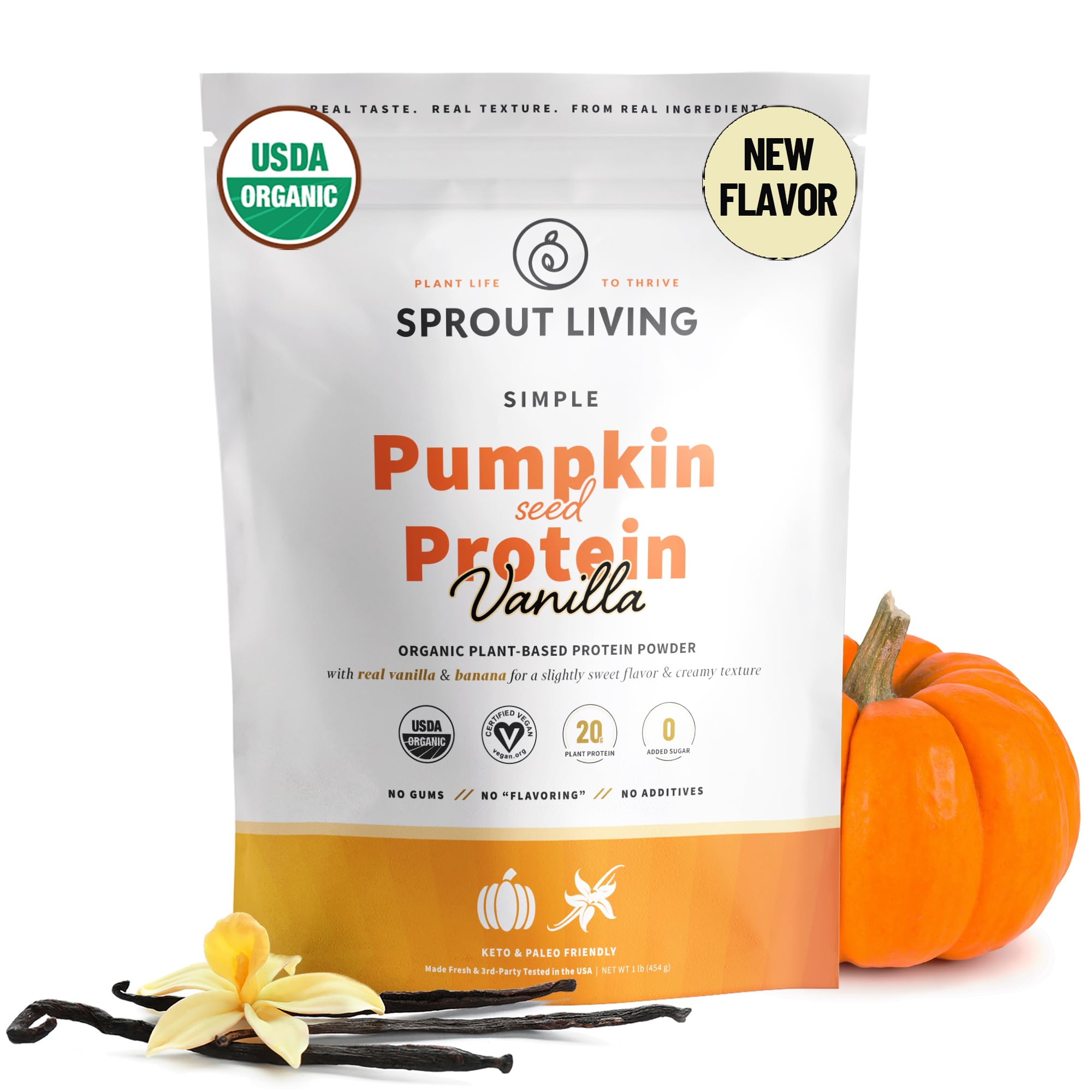 Sprout Living Organic Pumpkin Seed Protein Powder, Vanilla Flavor, 20 Grams of Plant Based Organic Protein Powder Without Sweeteners, Non-GMO, Dairy Free, Vegan, Gluten Free (1 Pound, 13 Servings)