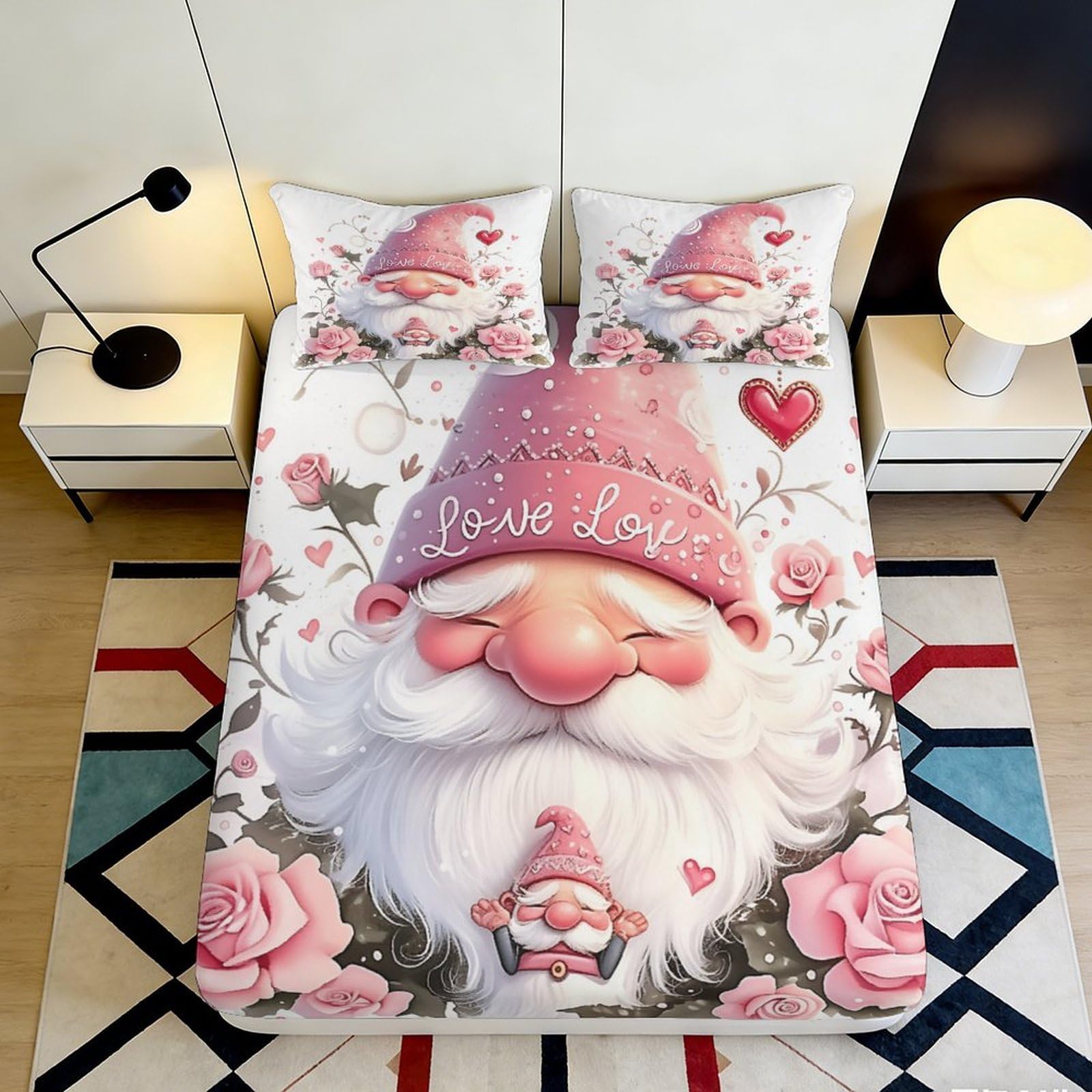 3D Printed Christmas Gnome Rose Fitted Sheet Microfiber Deep Pocket Christmas Gnome Mattress Fitted Cover Non Slip Bedding 200x200x25cm 90x200x25cm
