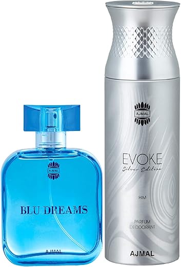 Ajmal Blu Dreams EDP Citurs Fruity Perfume 100ml for Men and Evoke Silver Edition Him Deodorant Spicy Floral Fragrance 200ml for Men