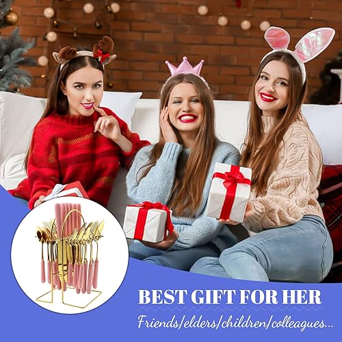 Miniatura 9 de Caliamary Juego de cubiertos dorados, juego de cubiertos de 24 piezas con soporte para cubiertos, cuchillos de acero inoxidable, tenedores,