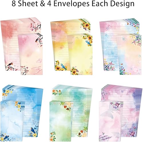 Miniatura 6 de Juego de papel estacionario y sobres forrados con diseño de pájaros florales y acuarelas, con papel de escritura de letras forradas, 48 hojas + 24