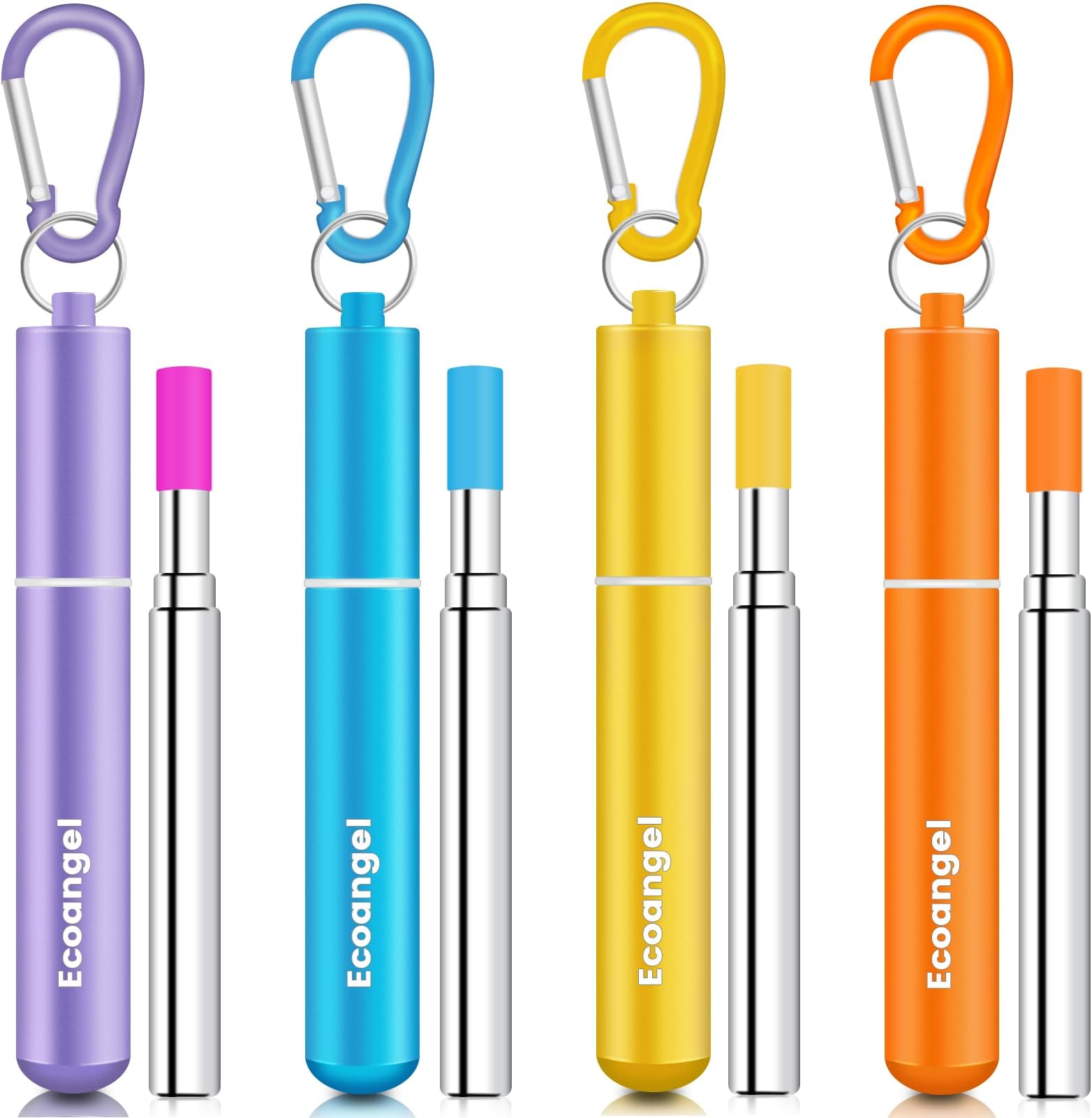 Ecoangel Cruise Ship Essentials,4-Pack reusable Collapsible Stainless Steel Drinking Straws with Aluminum Case,Cleaning Brush,and Keychains (Gold & purple & orange & blue)