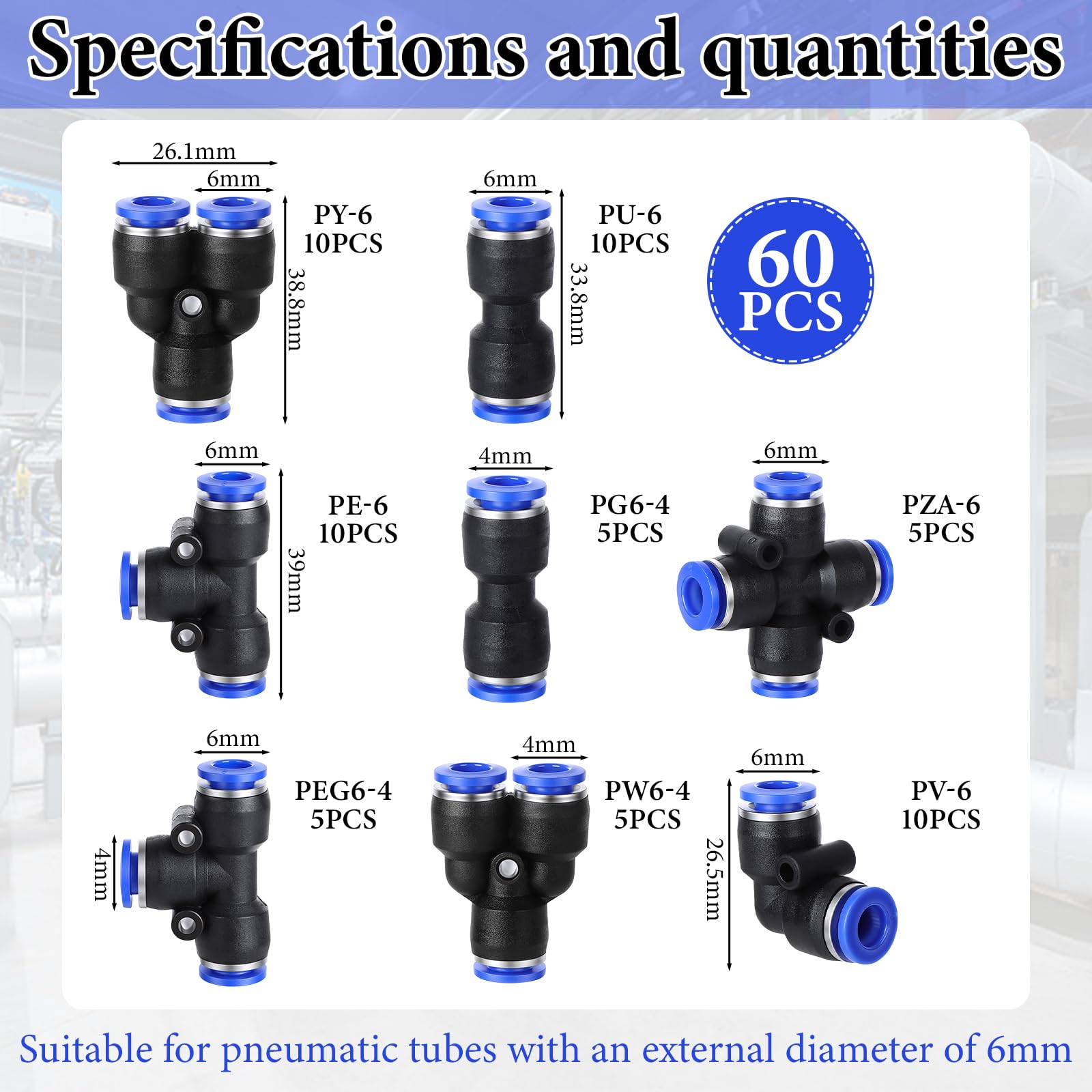 46-teiliges Pneumatik-Steckverbinder Set 6mm – Push-in Fittings Für Luftschläuche – Gerade/T-Stück/Eck Schnellkupplung Set 6mm 46-teiliges Pneumatik-Steckverbinder Set 6mm – Push-in Fittings Für Luftschläuche – Gerade/T-Stück/Eck Schnellkupplung Set 6mm