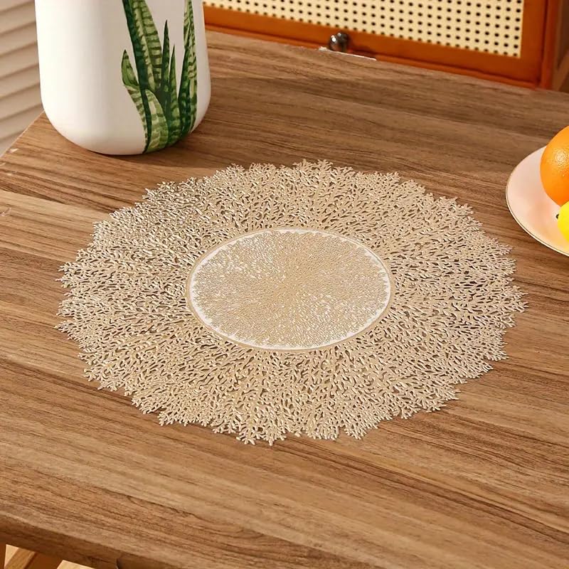 Image of Dakshya Industries Dining Table Mats Round PVC Set | 6 Waterproof Placemats (38 x 38 cm) + 1 Table Runner (91 x 33 cm) | Heat Resistant, Kitchen Decor (Aestora)