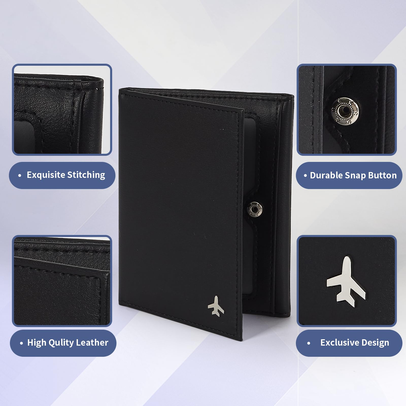 Billetera de piloto para pasaporte para viajes, bloqueo RFID, soporte de documentos de viaje de cuero genuino con caja de regalo, cartera de pasaporte para pilotos, hombres y mujeres, Negro -, Classic 3