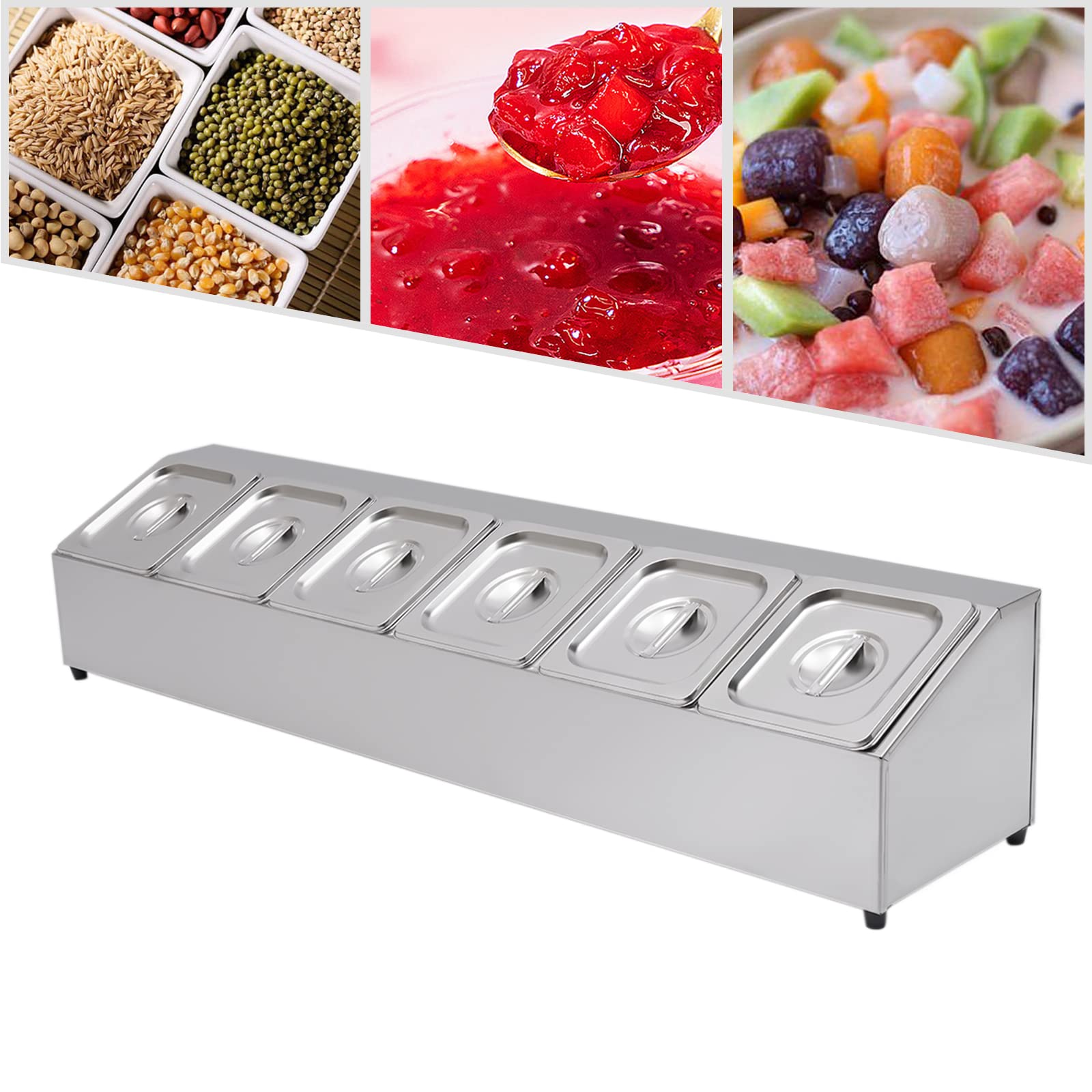 Contenitore per ingredienti in acciaio inox, contenitore con 6 contenitori, capacità per contenitore: 2 l, piedini in gomma antiscivolo, coperchio per ristoranti, negozi di tè al latte