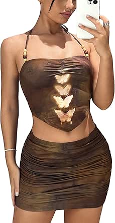 OYOANGLE Women's 2 Piece Outfit Graphic Print Sleeveless Halter Camisole Top and Ruched Short Bodycon Skirt
