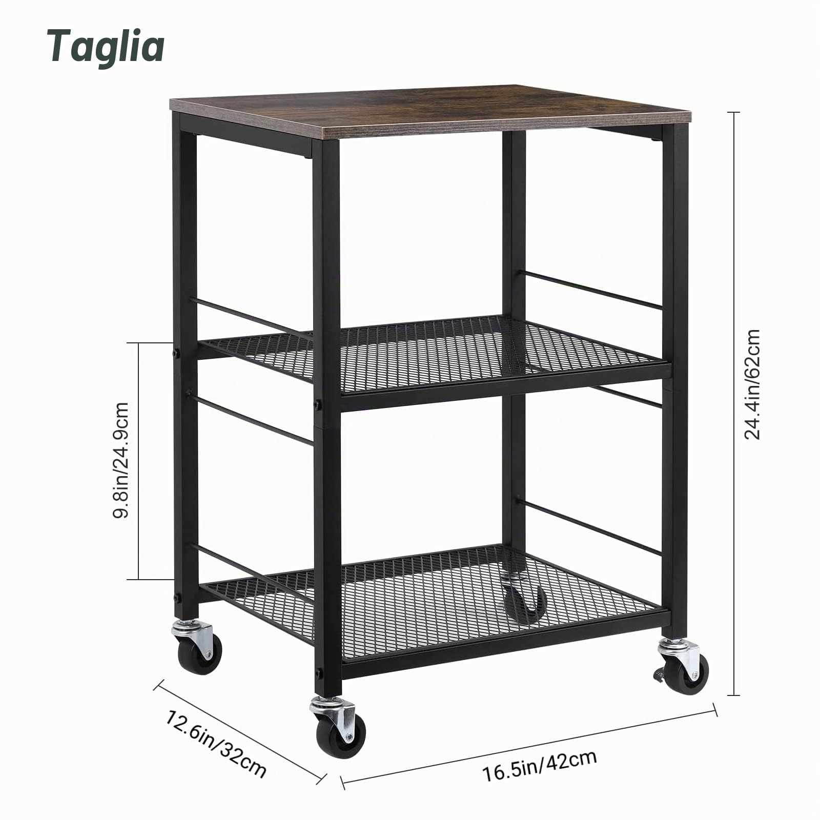 LIANTRAL Carrello con 3 ripiani, carrello da servizio rustico, Robusto scaffale portaoggetti, carrello da cucina, carrello multifunzionale con piano in legno e ruote, carrello da servizio per cucina