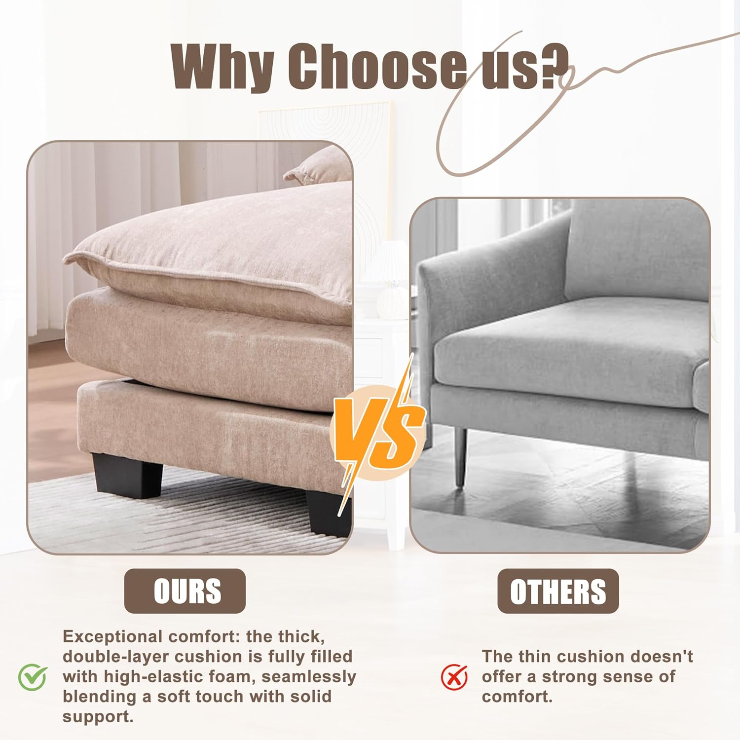 United WE Win U-Shaped Sectional Sofa, 110" Chenille Cloud Couch with Double Chaise, 4 Seat Modular Sleeper with Memory Foam, Side Pockets, Beige (Khaki) | Modular Cloud Couch, 4-Seat Sleeper Bed, Chenille Fabric, Memory Foam, Side Pockets