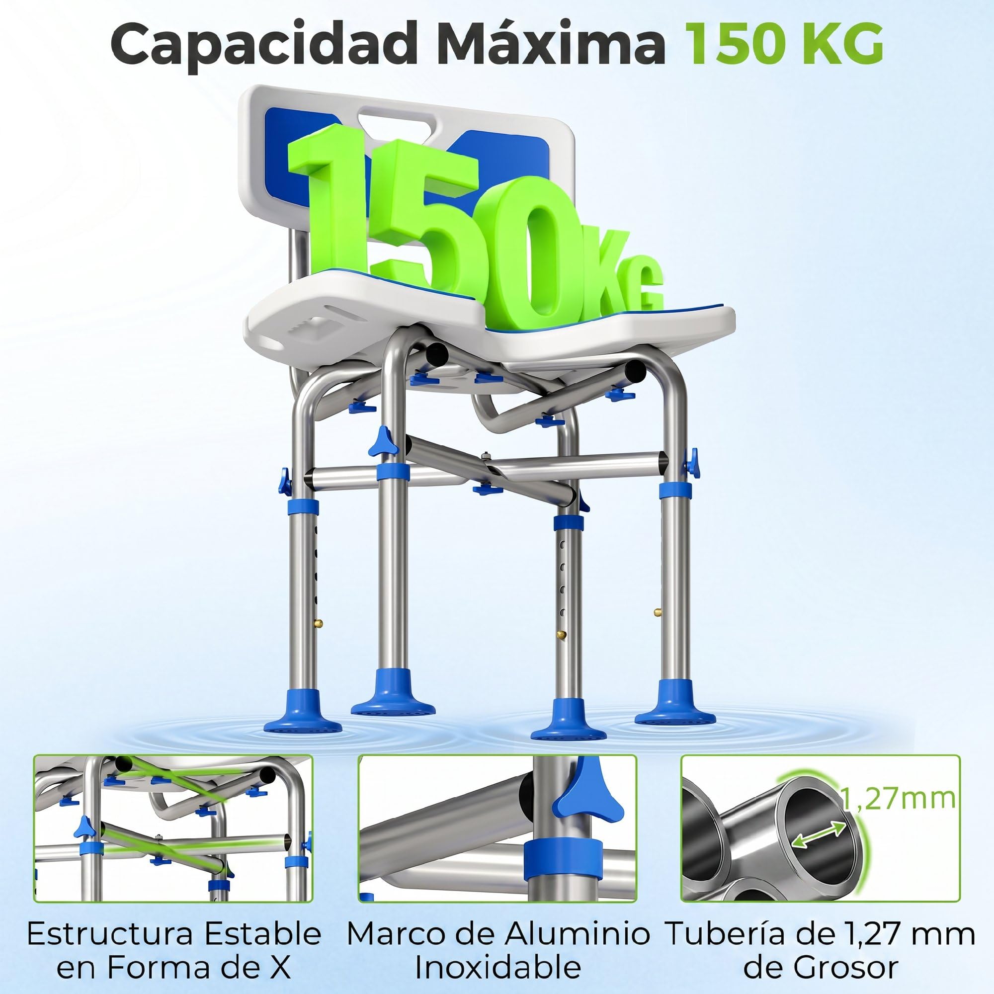 HOMCOM Silla Ducha Personas Mayores con Respaldo Antideslizante 150 kg | Altura Ajustable en 5 Posiciones, Soporte para Alcachofa, para Ancianos y Discapacitados