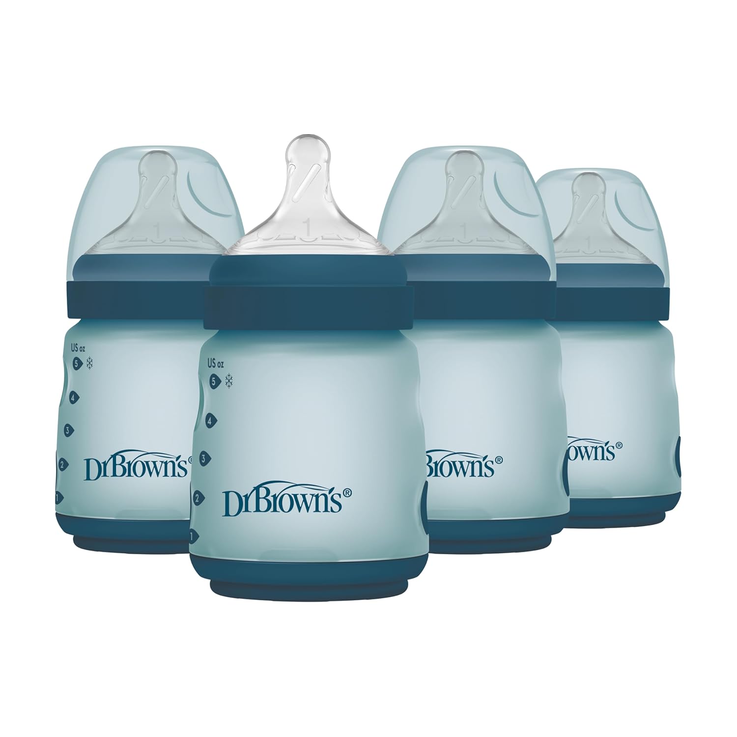 Dr. Brown's Silicone Baby Bottle with Collapsible Insert Designed to Reduce Colic, 5 oz with Wide-Neck Level 1 Slow Flow Nipple, 0m+, Blue, 4-Pack