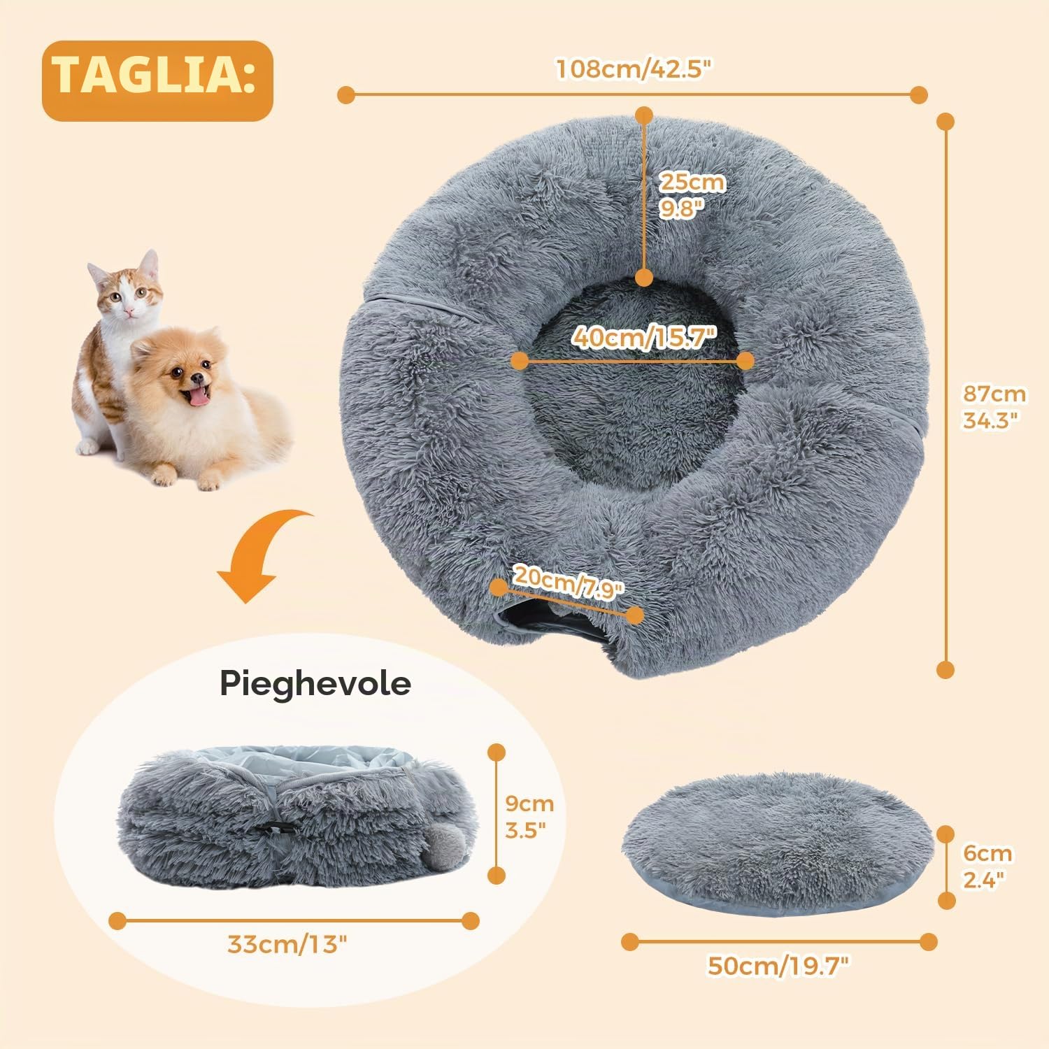 PAWZ Road Tunnel per Gatti in Peluche 2 in 1 - Ciambella, Cerchio, Cuccia per Interni - Grigio