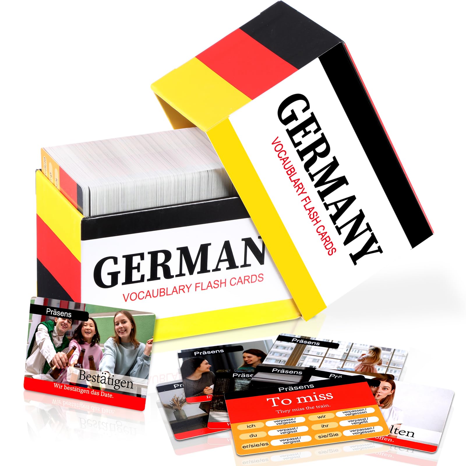 gisgfim 300 Pcs German Vocabulary Flash Cards Beginner Vocab with Pictures German Verb Conjugation Present Tense Memory & Sight Words Essential Translations Learn Language Cards in A Fun & Easy Way