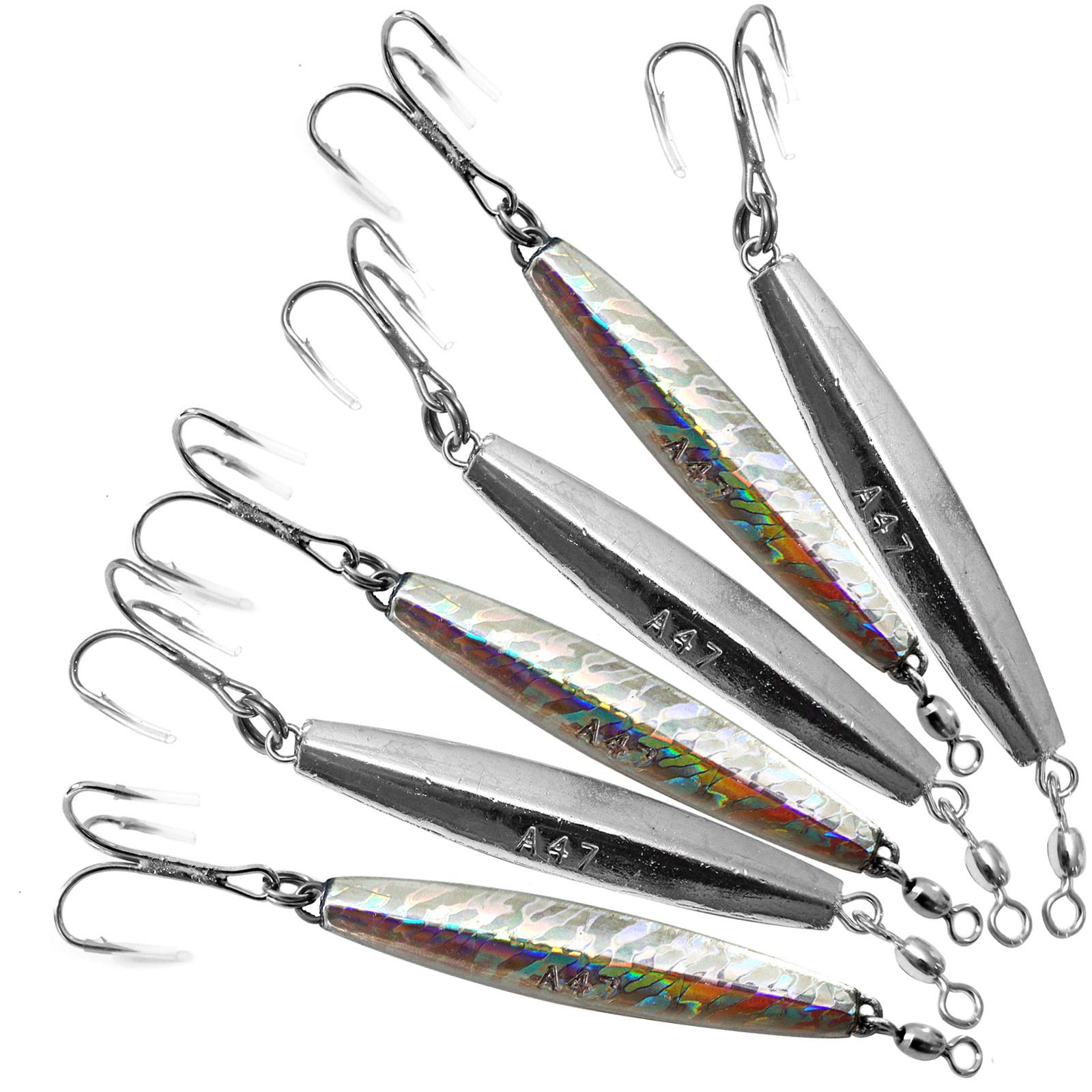 6-Pack 1oz Diamond Jig Fishing Lures - Holographic Laser Finish With Treble Hooks