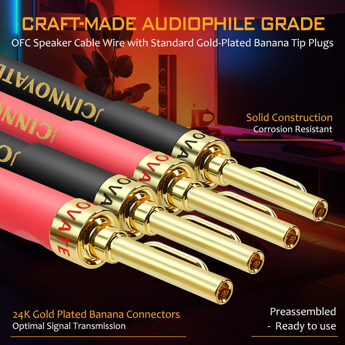 Confezione da 2 cavi per altoparlanti OFC da 14 AWG con spine a banana pin, HiFi artigianali da 1,5 m, bianco quadrato con connettori a banana placcati oro, cavo per altoparlanti per Hi-Fi e sistemi