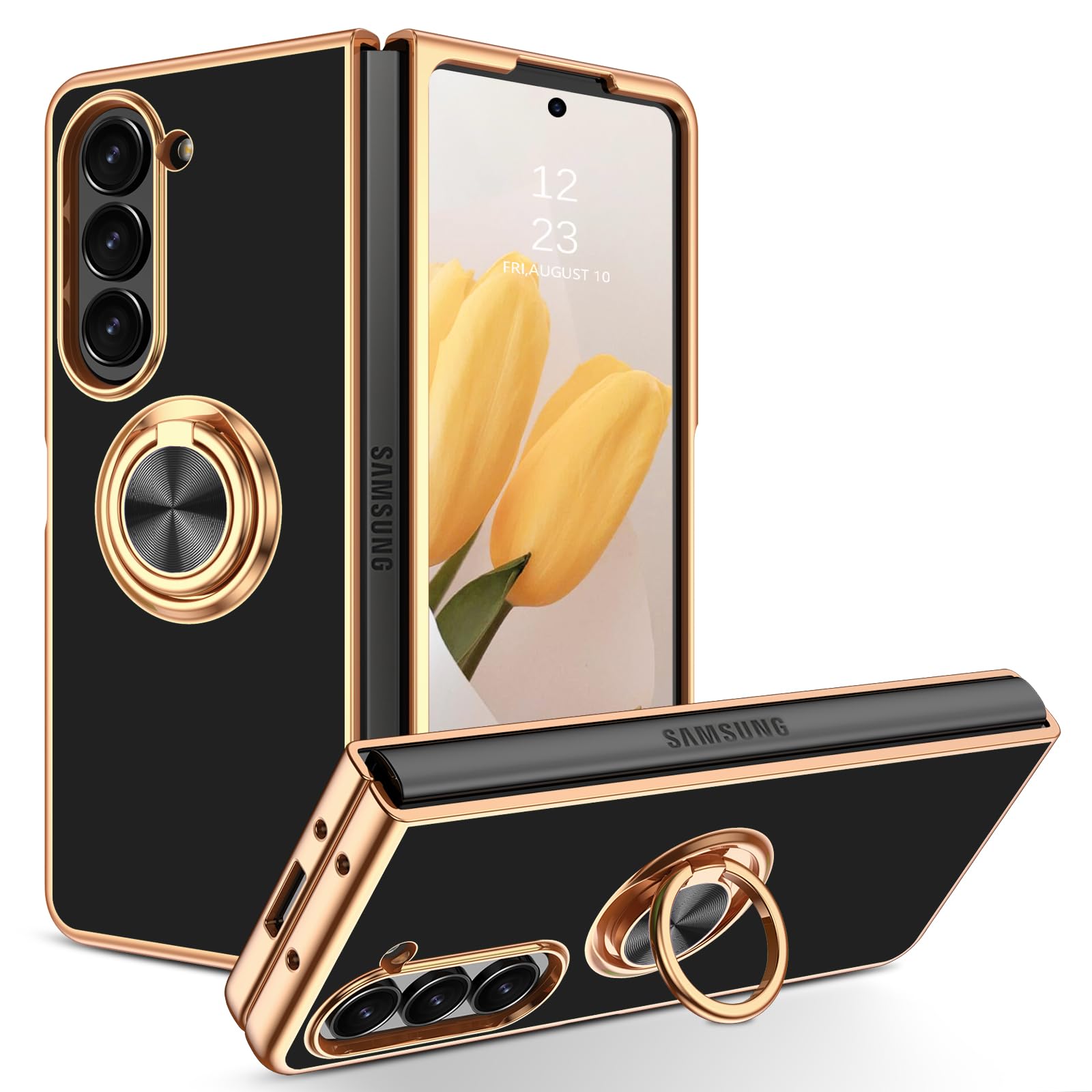 GUAGUA for Samsung Z fold 5 Case with 360° Ring Holder Support Magnetic Car Mount, Slim Kickstand Soft TUP Shockproof Protective Phone Cover for Samsung Galaxy Z fold 5 5G 7.6'', Black/Gold