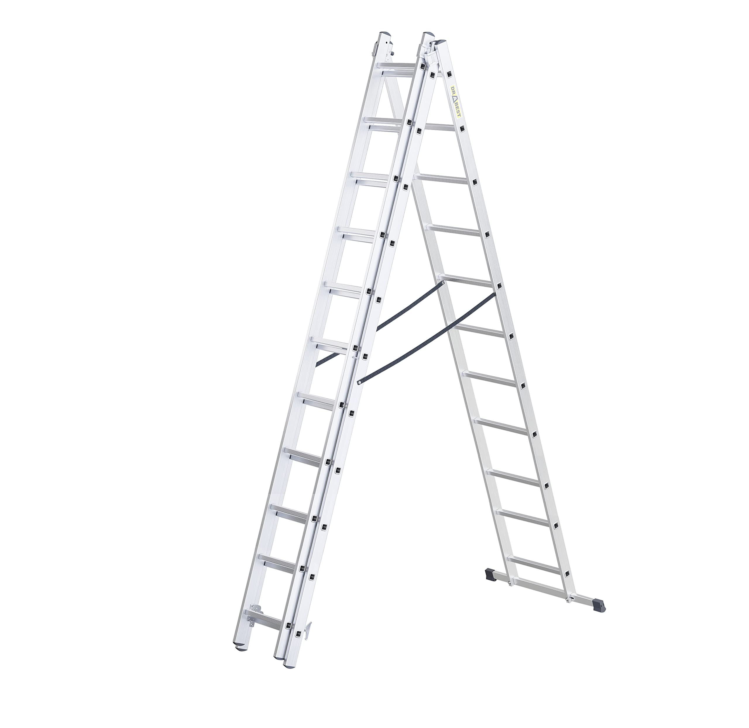 DRABEST - Home - Aluminium-Leiter - 3x11 Sprossen - Max. 5,64 m lang - Max. Arbeitshöhe 6,55 m - bis 150 kg - 3-teilig - Mehrzweck-, Steh-, Auszieh- Klappleiter - rutschfest - Verstellbar