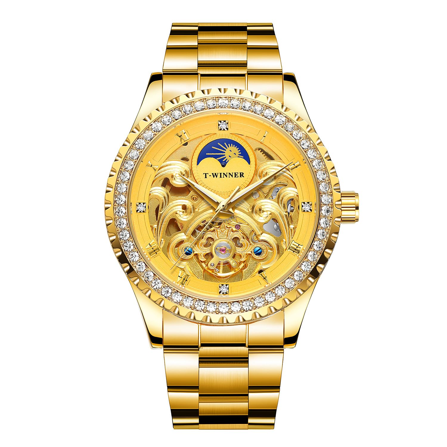 Golden Moon Phase Design Luxus Retro Stil Uhr Diamant Edelstahl Armband Skelett Tourbillon Männer Automatische Mechanische Uhren