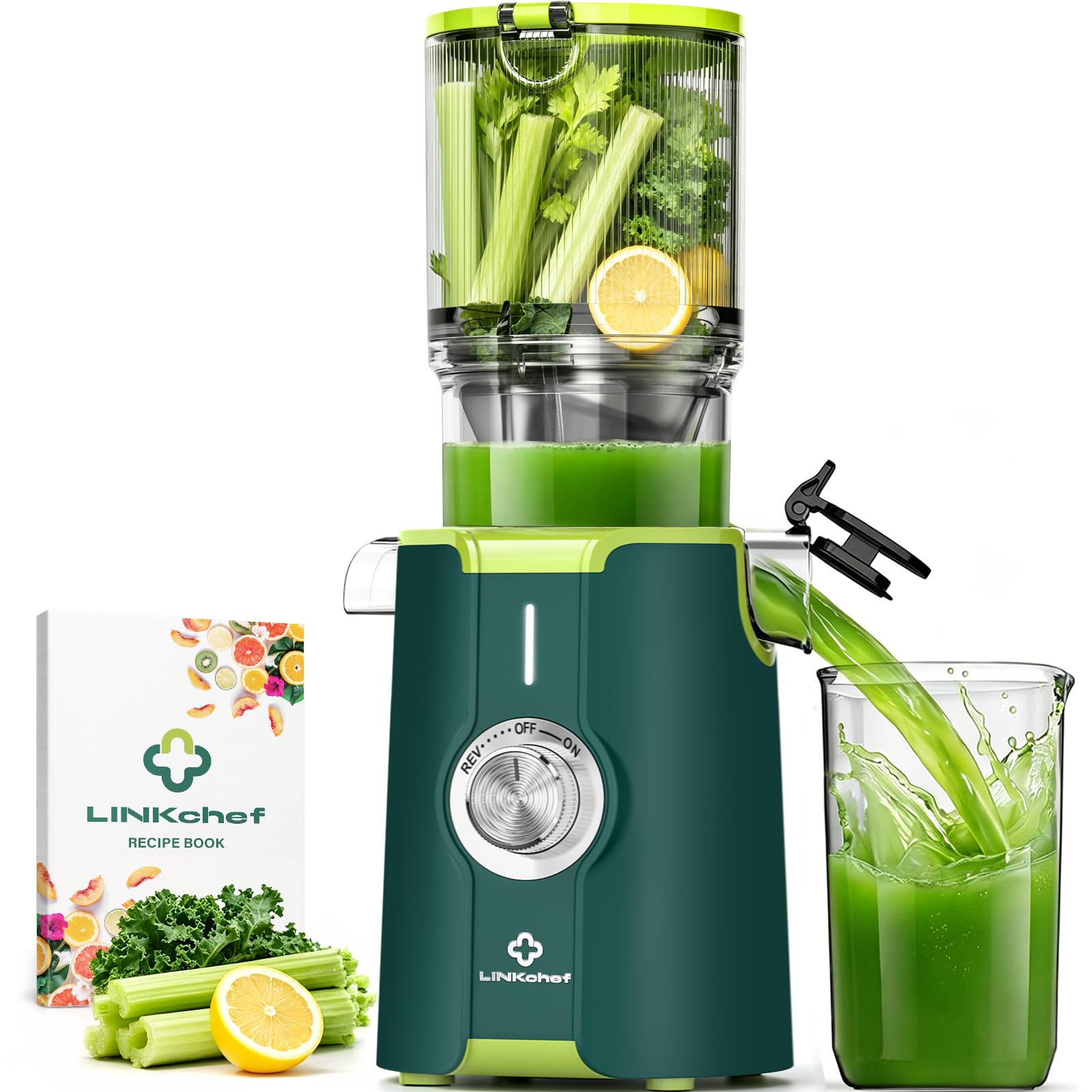LINKChef Extracteur de Jus Vertical | Slow Juicer 200W | Goulot Large 115 mm pour Fruits & légume Entiers | Avec Livre de Recettes, Nettoyage Facile, Sans BPA, Vert