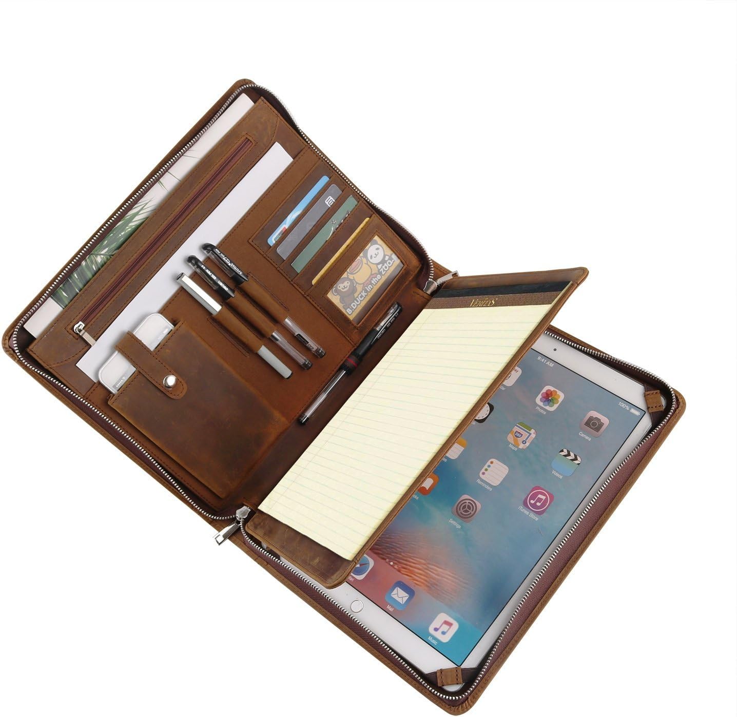 Handmade Crazy-Horse Leather Portfolio Vintage Padfolio Case, Zippered Professional Organizer for Men & Women for 12.9 inch iPad Pro, with Letter Size Notepad（12.9 inch ipad pro(2017 Ver.)） : Office Products