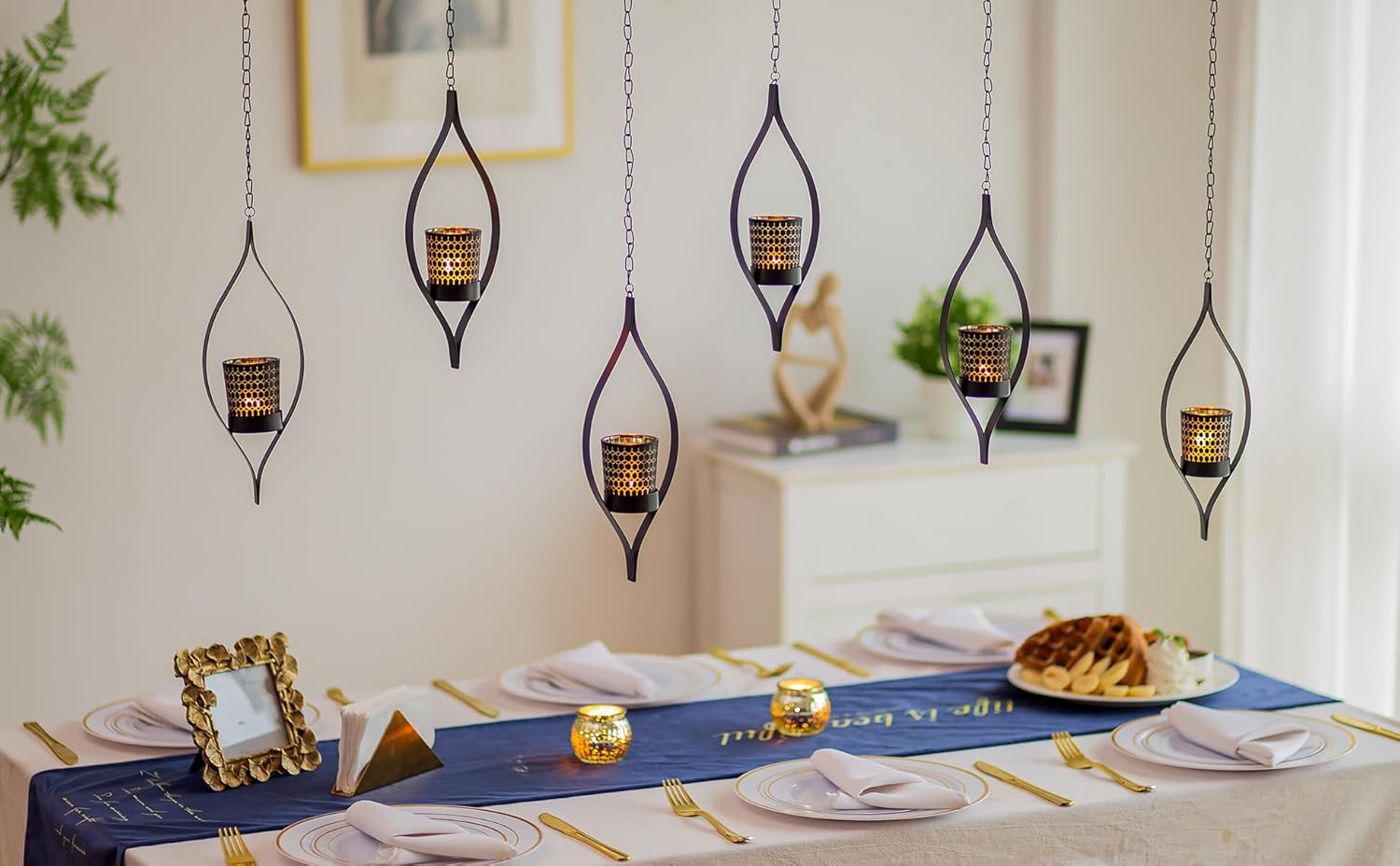 Romadedi Modern Hanging Candle Holder Patio Decor - Set of 3 Black Tea Light Lantern Metal Unique Honeycomb Design Glass TeaLights for Wall Decoratons Living Room Garden Window