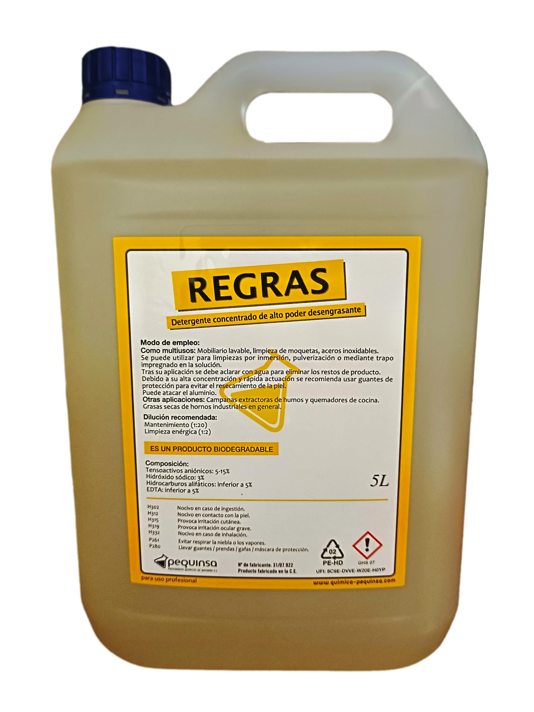 Desengrasante concentrado enérgico biodegradable. Envase de 5 litros.