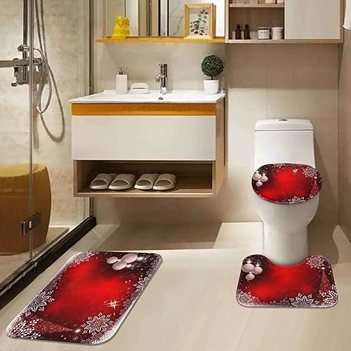 Miniatura 7 de ArtSocket Juego de 3 alfombras y tapetes de baño de Navidad, diseño de copos de nieve de árbol rojo de Navidad, antideslizantes, absorbentes de