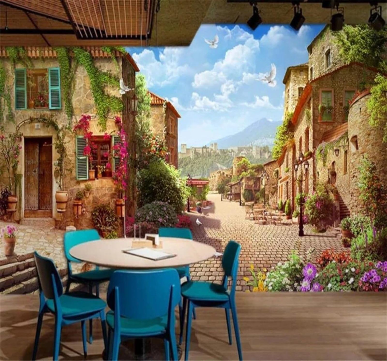 XLMING Vintage Town Architecture Plants Flowers Street Scene 3D Wallpaper Silky Texture Home Study Office Grey Dining Room Sofa Bedroom Living Room TV Backdrop-250cm×170cm