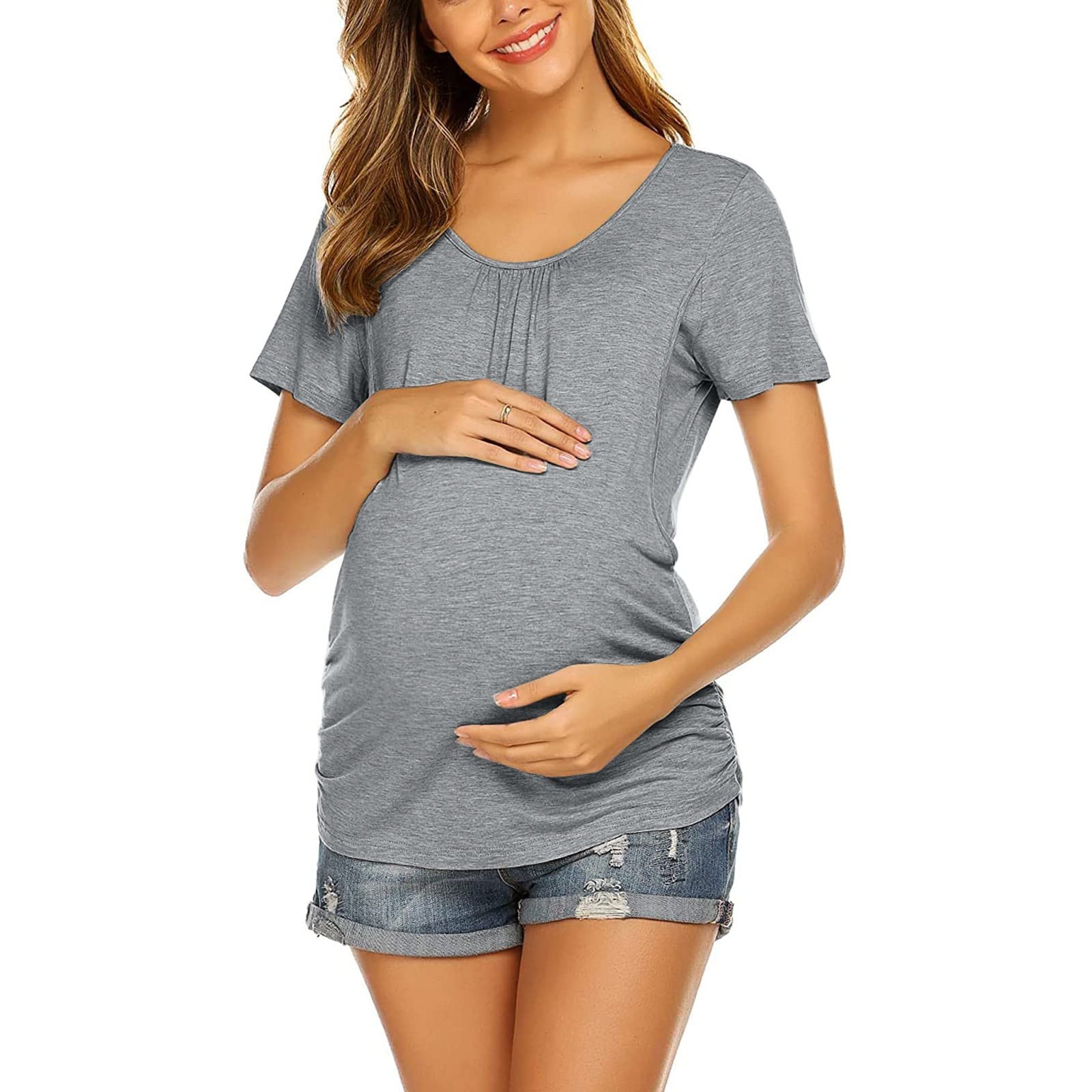 Top de maternidad para mujer, informal, manga corta, fruncido lateral, cuello redondo, chaleco básico de lactancia materna para maternidad, 3 unidades