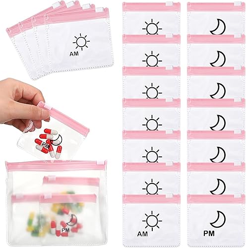 Colarr 14 bolsas de pastillas AM PM reutilizables con cremallera para día y noche, organizador de píldoras con cierre deslizante para estuche de Rosa