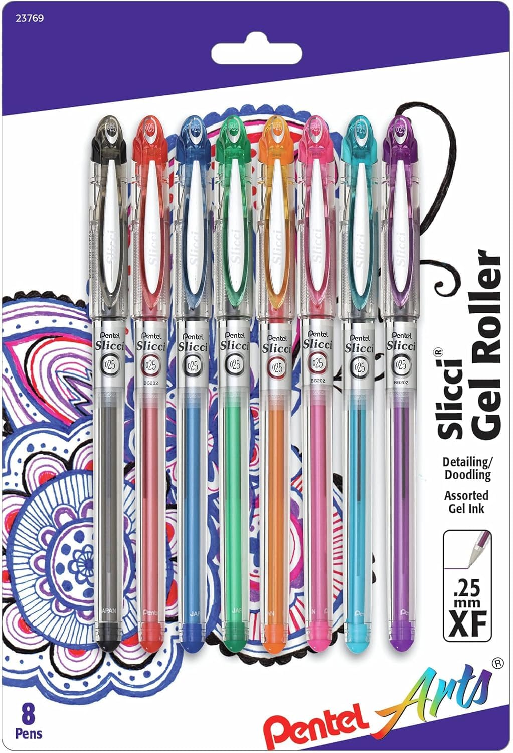 Pentel Pentel Arts Slicci (0.25mm) Extra Fine Gel Pen Assorted Ink, 8 Pack
