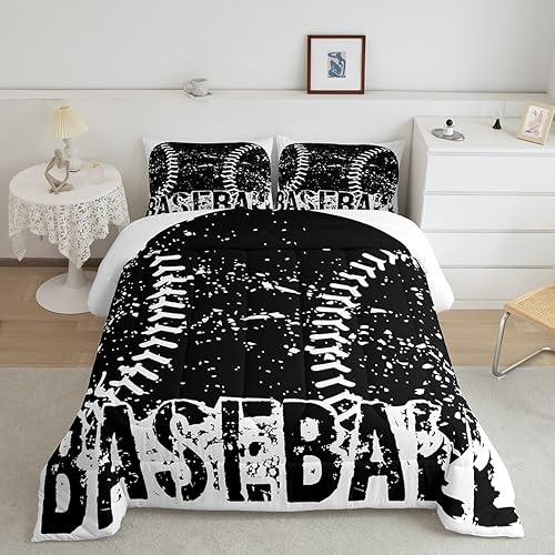 Erosebridal Baseball Down Comforter Queen Size,Sports Theme Bedding Comforters Kids Teens Boys Modern Comforter Set,Decoration 3 Pcs Duvet Insert Set (1 Quilted Duvet 2 Pillow Cases) Black White
