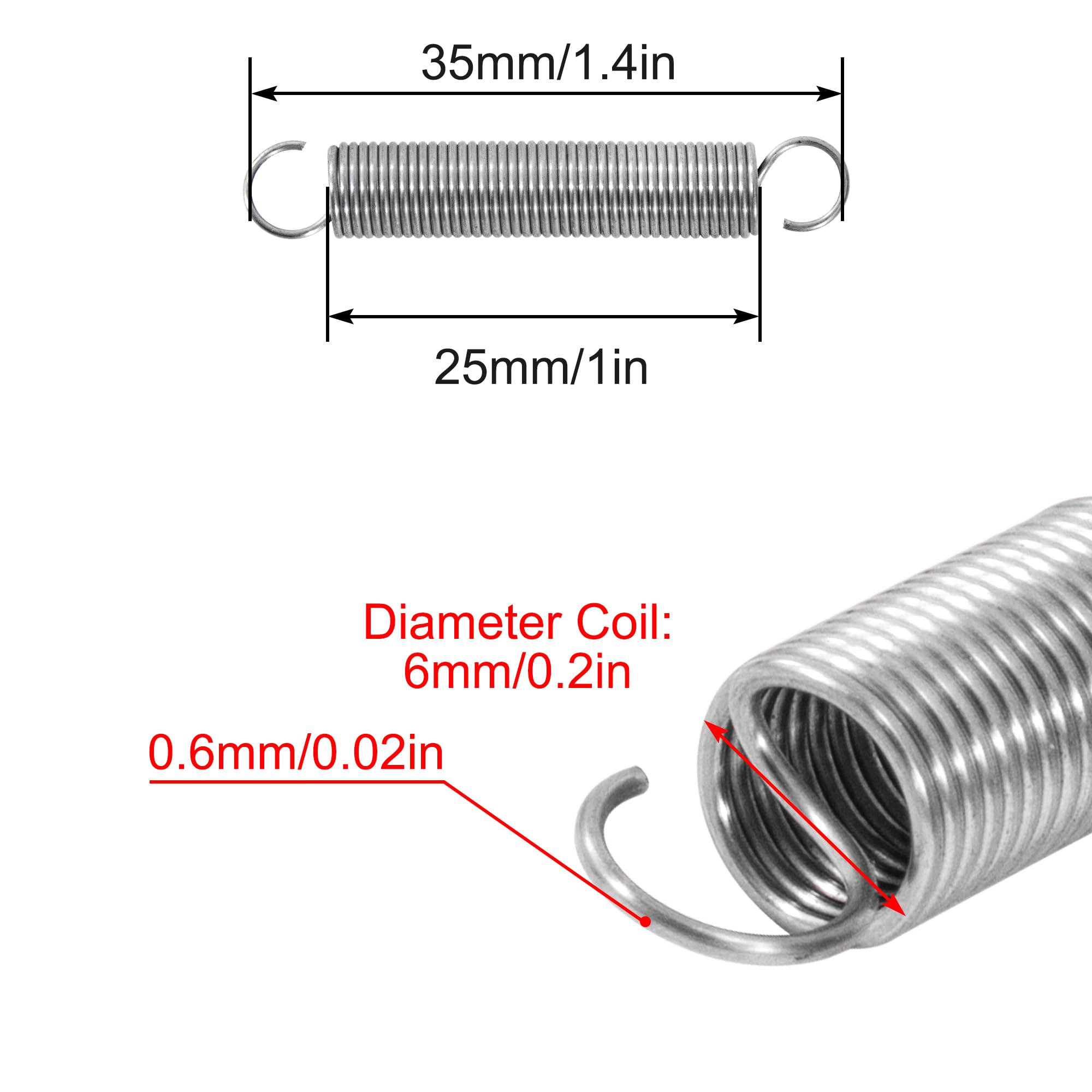 sprężyny naciągowe z haczykami ze stali nierdzewnej średnica zewnętrzna 35mm średnica przewodu 6mm średnica przewodu 0,6 mm Maksymalne obciążenie 0,83kg 0,6x6x35mm 20 sztuk