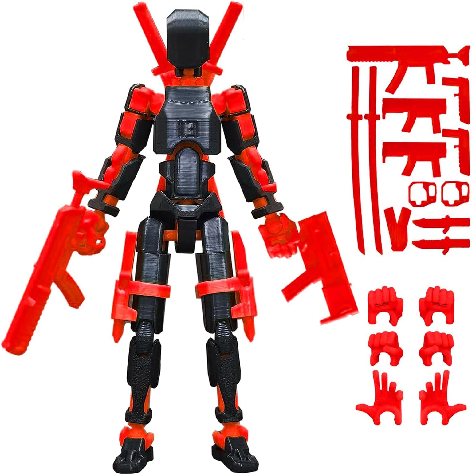 (Assembly Completed) 5.5 Inch 3D Printed T13 Action Figure with Multiple Accessories, Multi-Jointed Movable Red Dummy 13 Toy