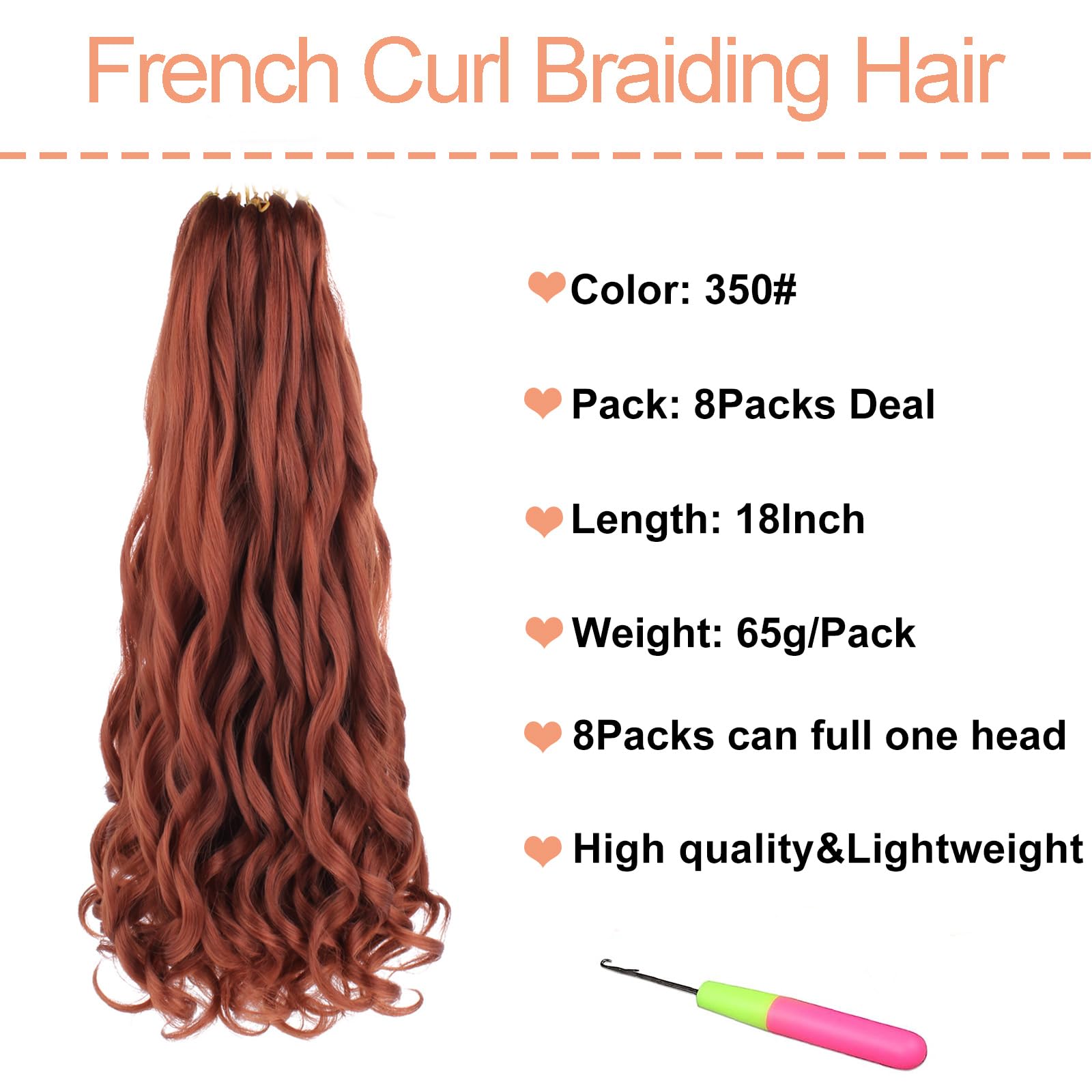 Mscat 18 Inch 8 Packs Pre Stretched French Curly Braiding Hair Loose Wave Bouncy Hair Extensions 350#, 18 Inch (Pack of 8) - Image 2
