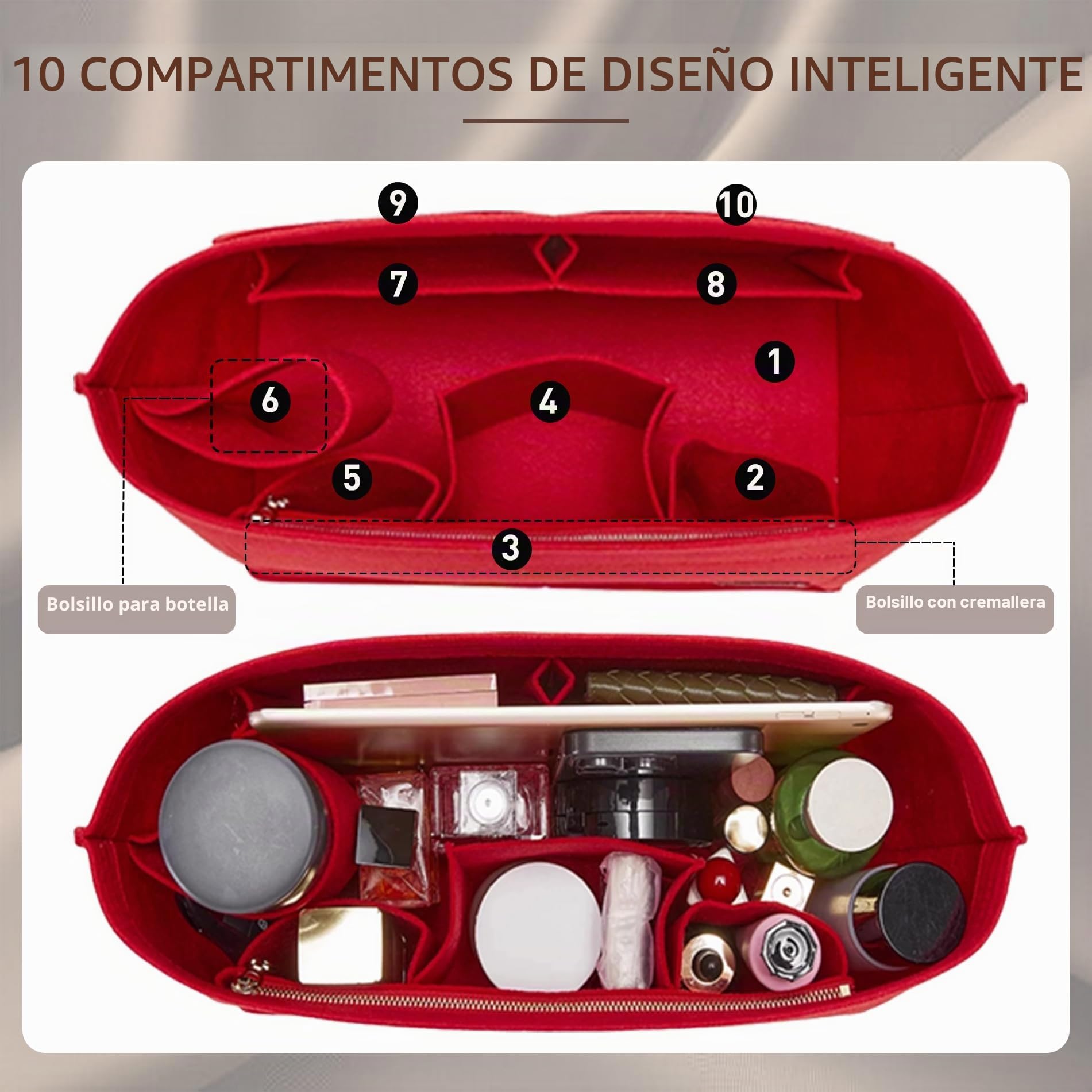 Doxo Organizador de bolso y bolsa de fieltro para Neverfull GM (XL, bolsa roja + forma de base roja)