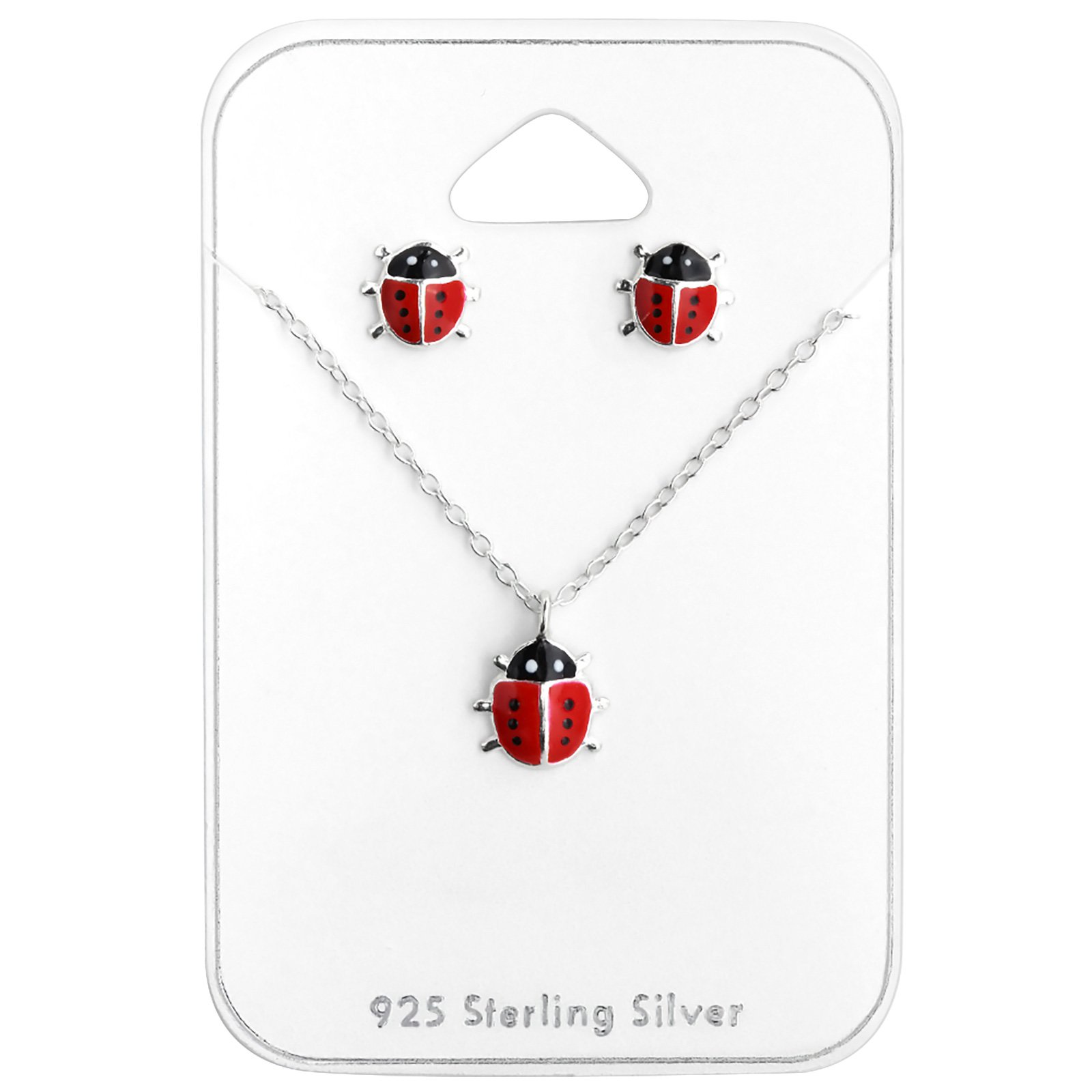925 Sterling Silver set Tiny Red Ladybug Necklace and Stud Earrings (Nickel Free)