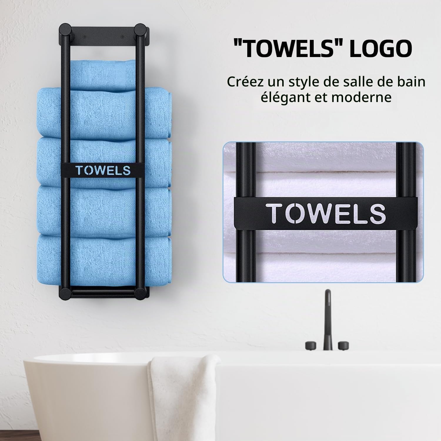 STWWO Porte Serviette Murale 56cm Noir Porte-Serviettes Salle de Bain Range Serviettes pour Serviettes Roulées Support Rangement de Bain, Métal