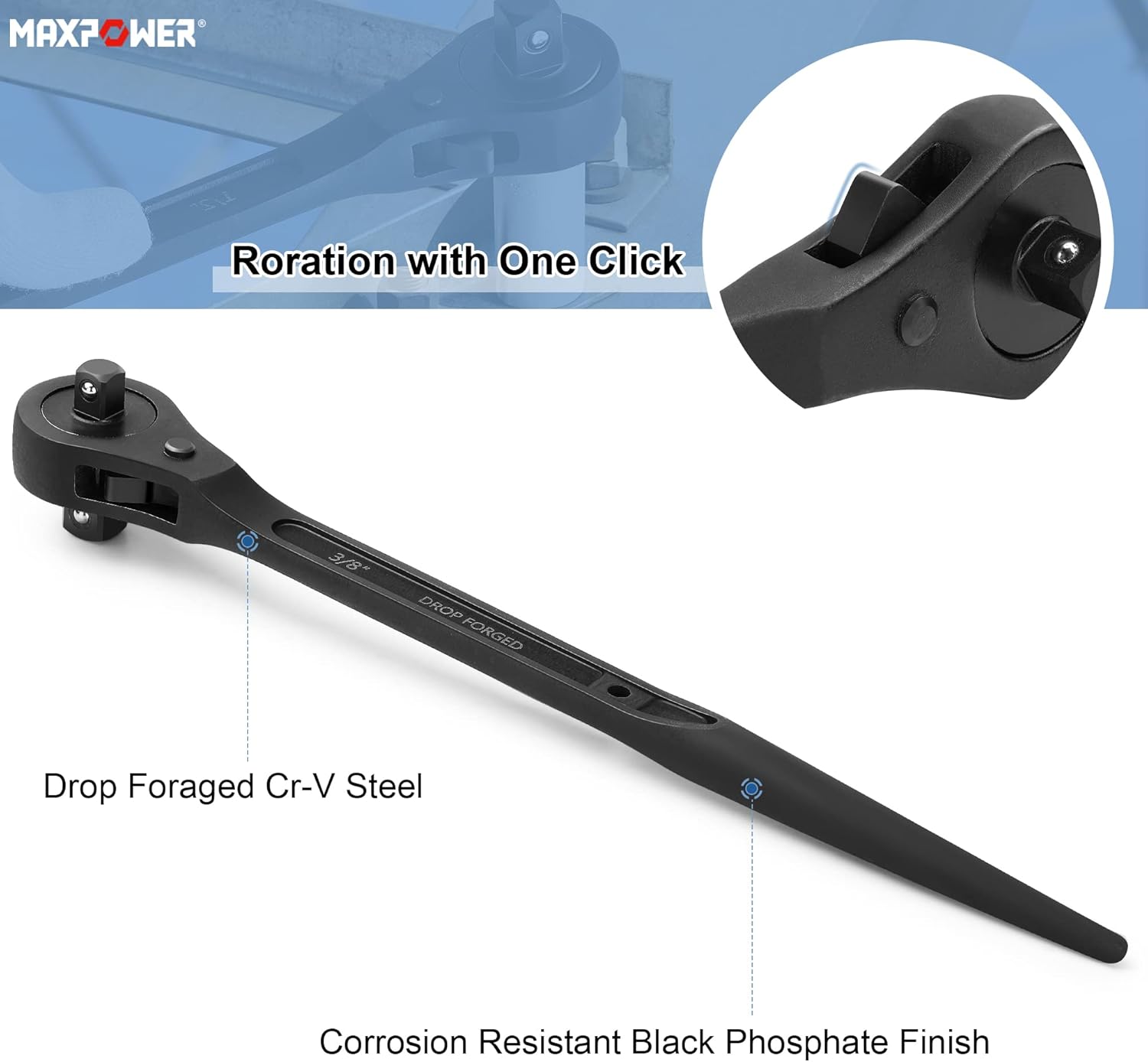 MAXPOWER 2PCS Dual Drive Head Ratchet Wrench, 1/2" x 3/4" Spud Ratchet 16 inch, 3/8" x 1/2" Scaffold Wrench 12 inch