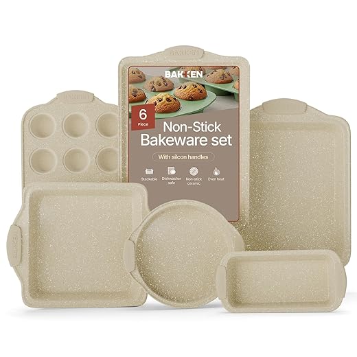 BAKKENMASTER 6-Piece Deluxe Nonstick Baking Pan Set - Professional Grade Carbon Steel Bakeware with White Marble Coating & Silicone Handles