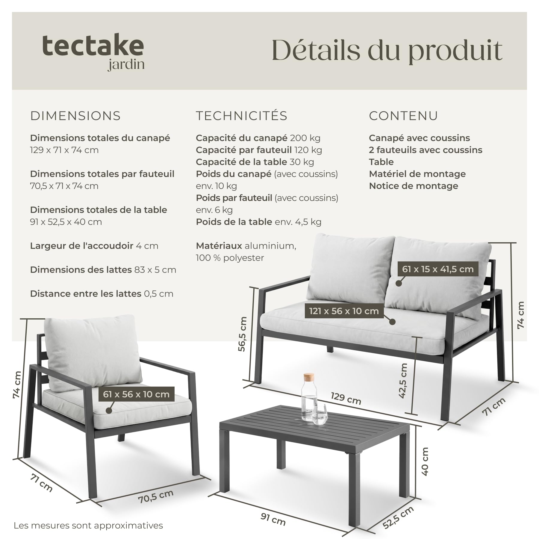 tectake® Ensemble Salon de Jardin Exterieur 4 Personnes en Aluminium Canapé 2 Places 2 Fauteuil Salon et 1 Table de Jardin, Coussins Inclus, Mobilier de Jardin Amenagement Balcon Terrasse Veranda