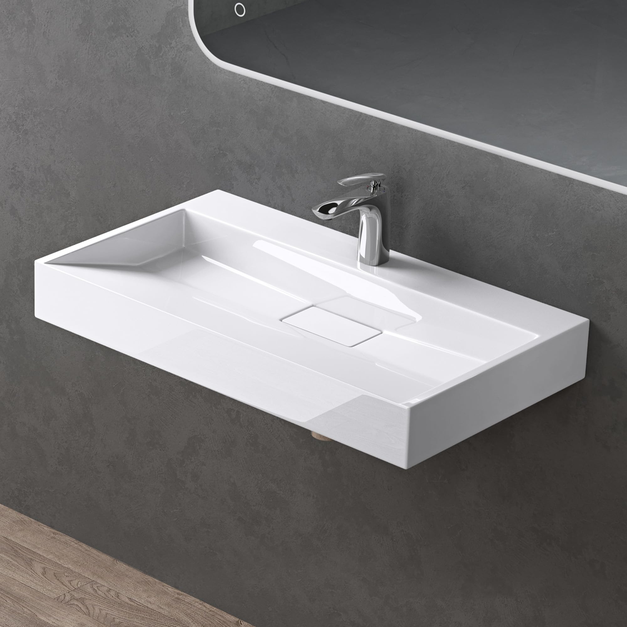 doporro Lavabo Suspendu avec Bonde Vasque à Poser Blanc 80x46x11cm Lave Mains Rectangulaire avec Perçage de Robinet Colossum19 | Lavabo de salle de bain en minéral fondu, couleur blanc, finition brillante, trou pour robinet, bonde inclus, montage mural