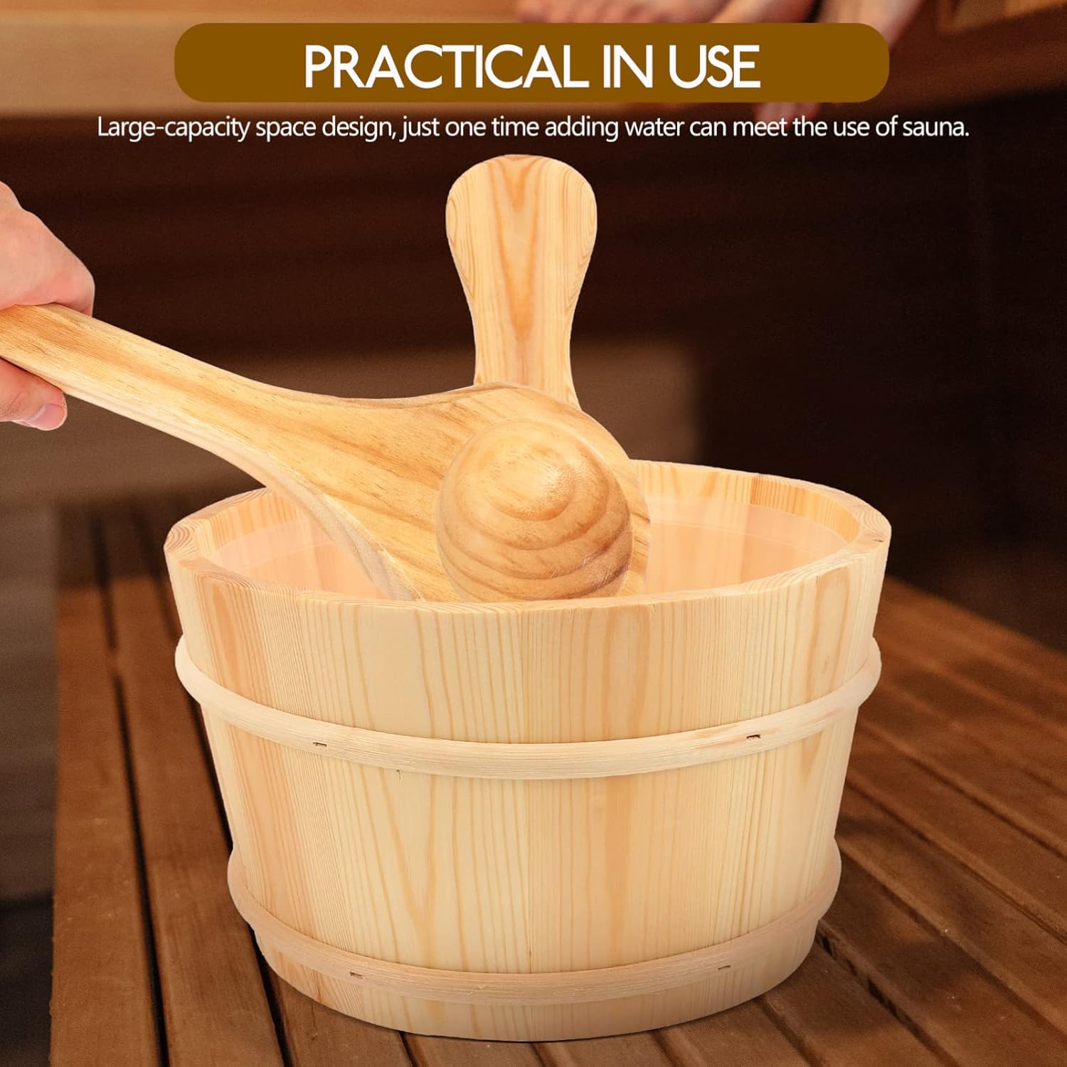OUNONA Sauna Bucket and Ladle Sauna Accessories Wooden Bucket Wooden Spoon and Plastic Liner for Home Sauna Room