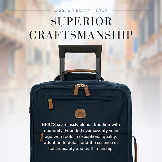 Bric's X-Travel 21 Carry-On Spinner Airline Approved Luxury Softside Luggage with 360 Wheels, Recycled Water-Resistant Fabric, Interior Pockets, and Leather Details Navy
