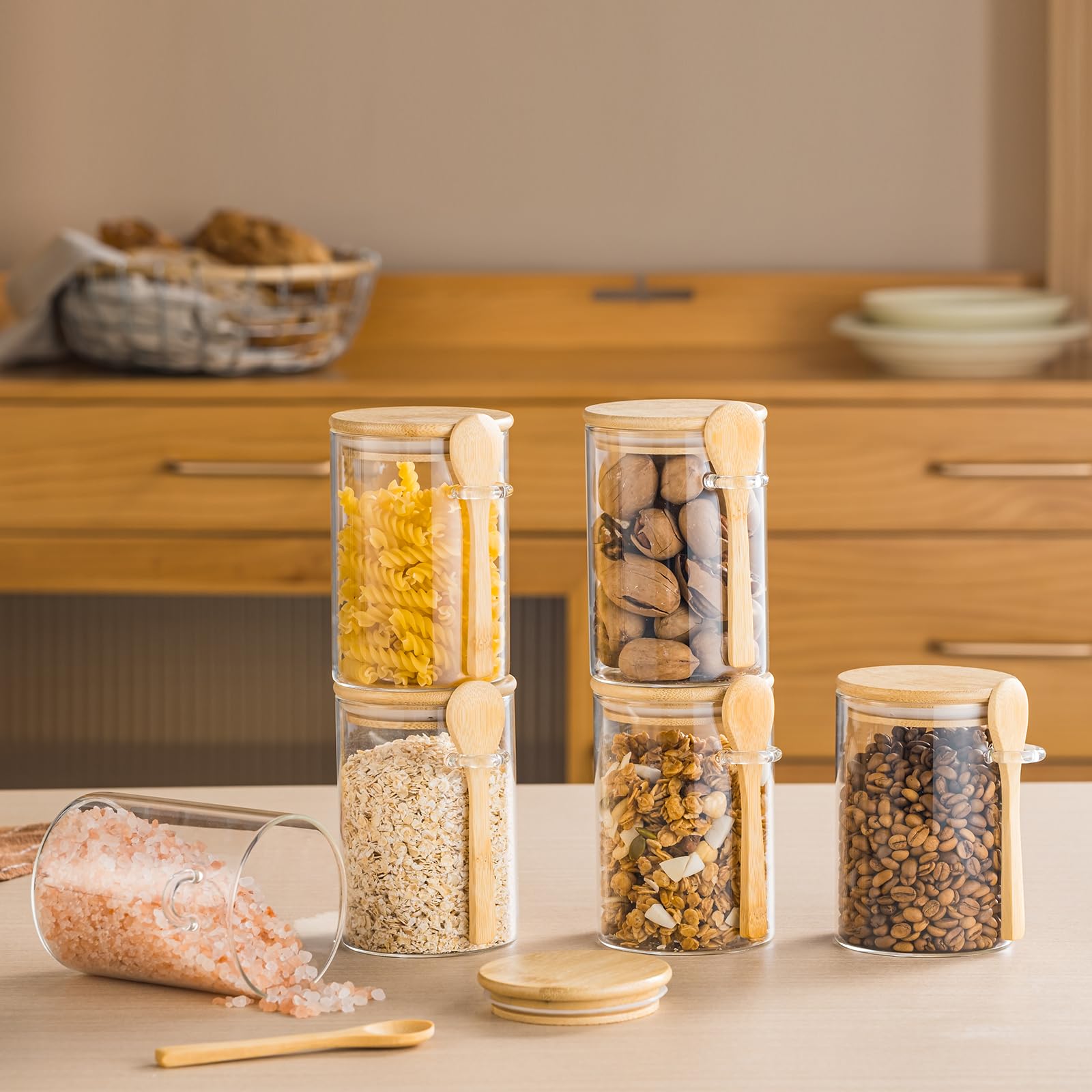 Paquete de 6 tarros de vidrio de 16 onzas con tapas y cucharas de bambú, recipiente de avena durante la noche, recipientes de vidrio para yogur, ensalada, azúcar, avena, cereales 5