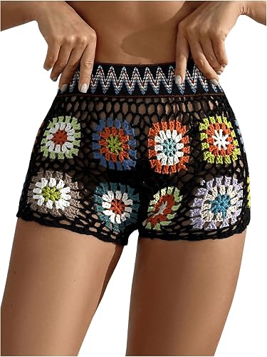 MakeMeChic Women's Crochet Bathing Suit Cover Up Shorts Sheer Swim Shorts
