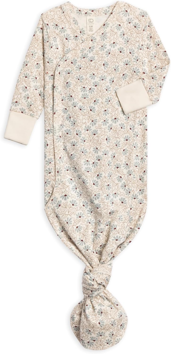 Colored Organics Baby 100% Organic Cotton Newborn Knotted Gown - Infant Indy Kimono Wrap Front Tie Knot with Mitten Cuffs