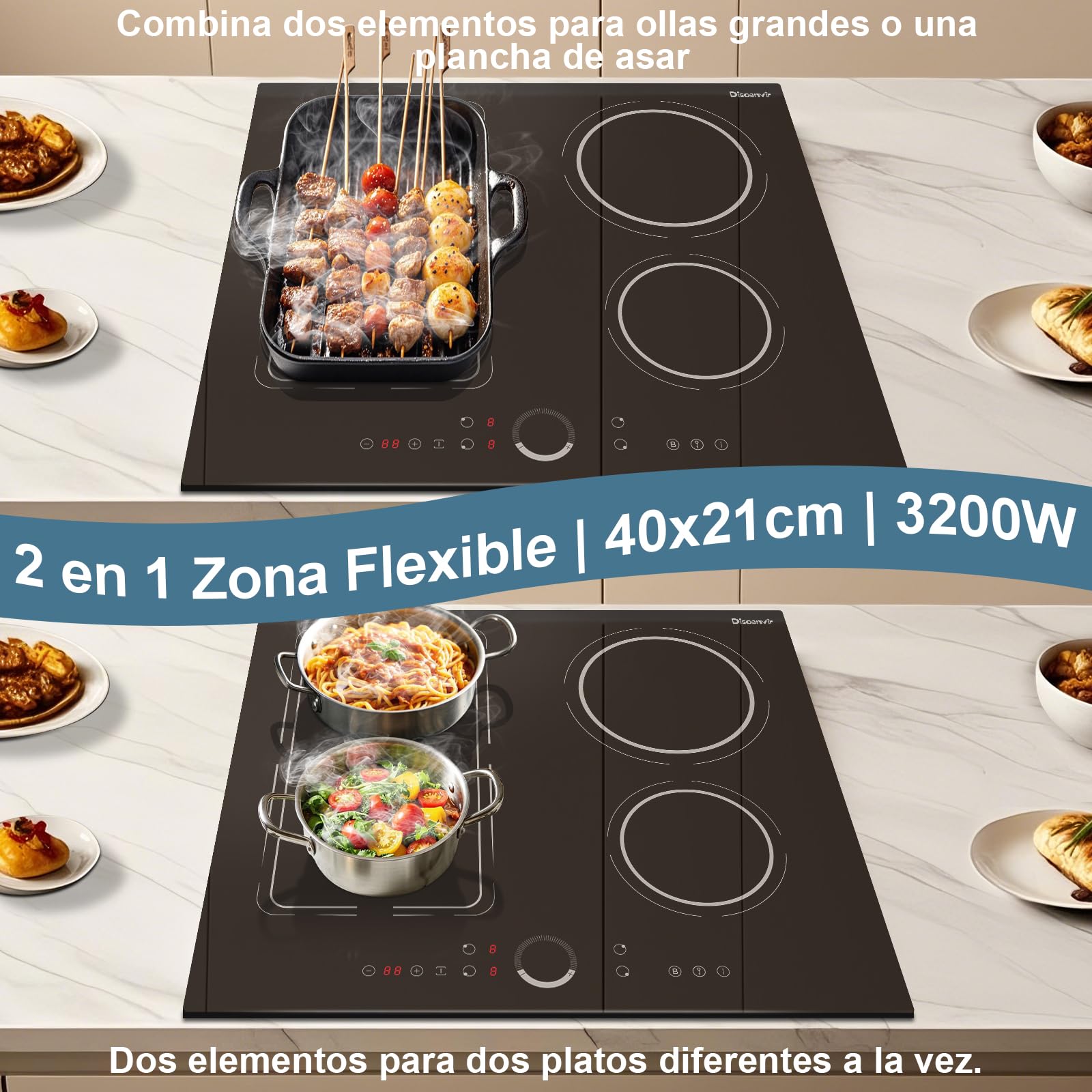 Placa Induccion 4 Fuegos 7200W, Placa de Inducción Integrada 4 Placas Disaenvir, Vitroceramica Induccion Flexible Zone, Función Boost, 9 Puestos, con Temporizador, Anti-Touch-Funktion
